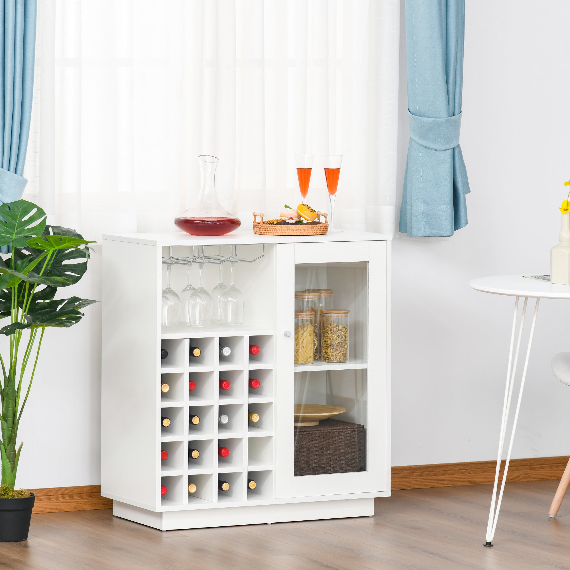 EasyComfort Mobiletto Portabottiglie Vini with Porta Calici e Armadietto, Capacità 20 Bottiglie, 80x36x85 cm, white