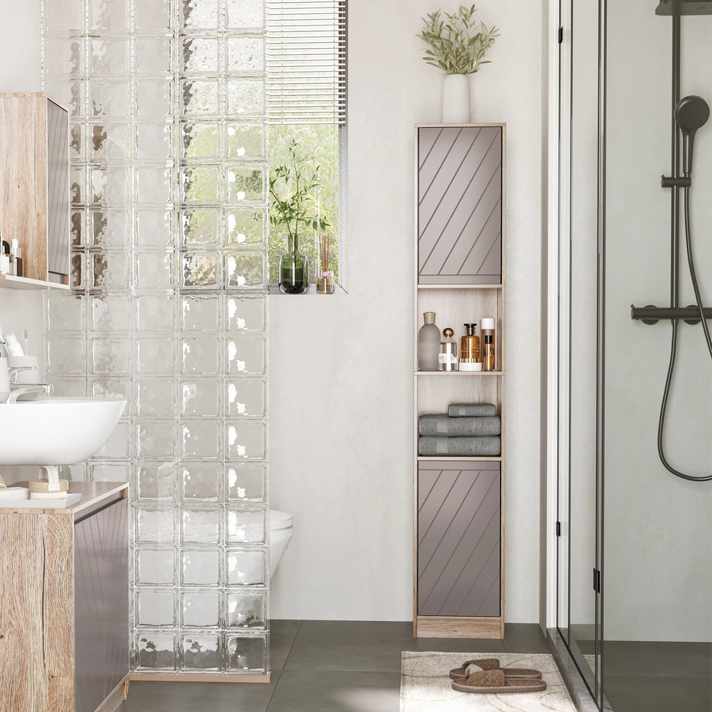 EasyComfort Mobiletto Salvaspazio per Bagno in Legno, Mobile da Bagno with 2 Armadietti e 6 Ripiani, Grigio e Rovere, Design a Torre 30 x 24 x 170cm