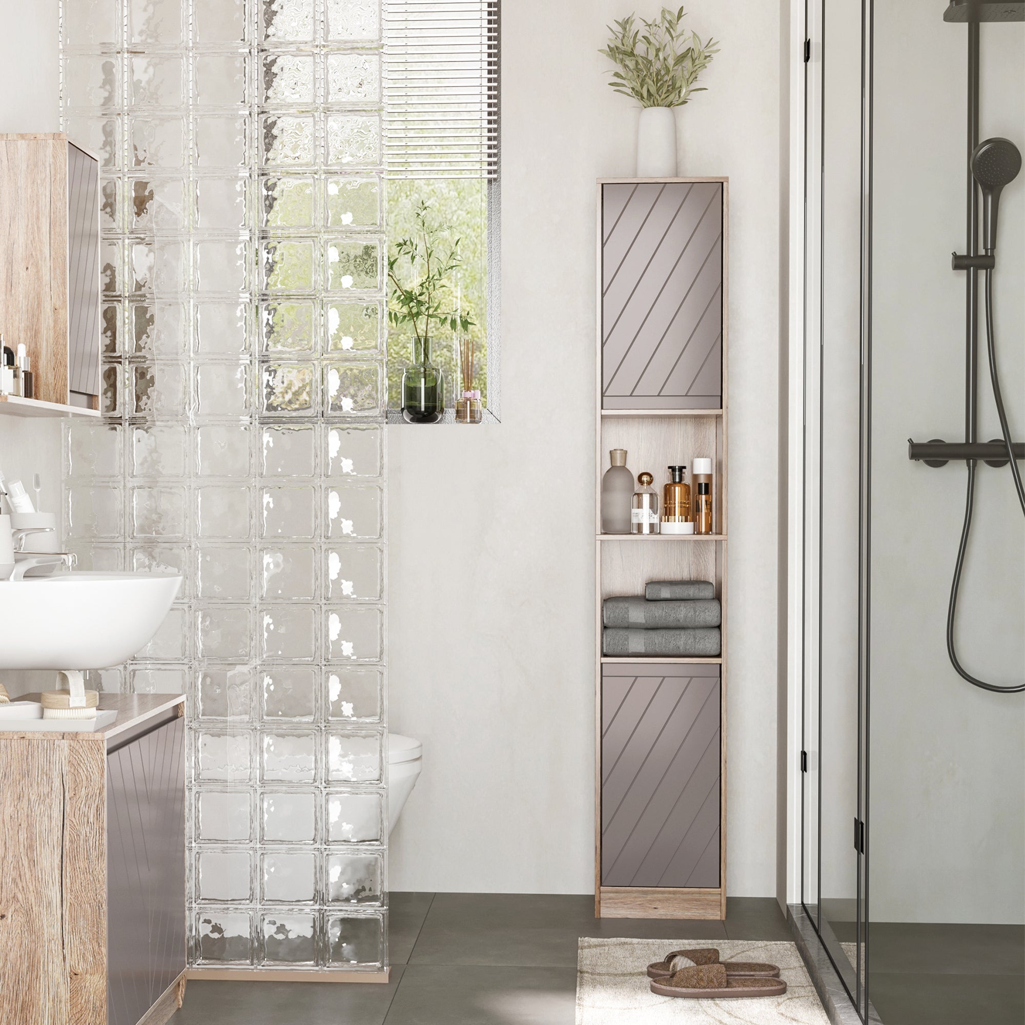 EasyComfort Mobiletto Salvaspazio per Bagno in Legno, Mobile da Bagno with 2 Armadietti e 6 Ripiani, Grigio e Rovere, Design a Torre 30 x 24 x 170cm