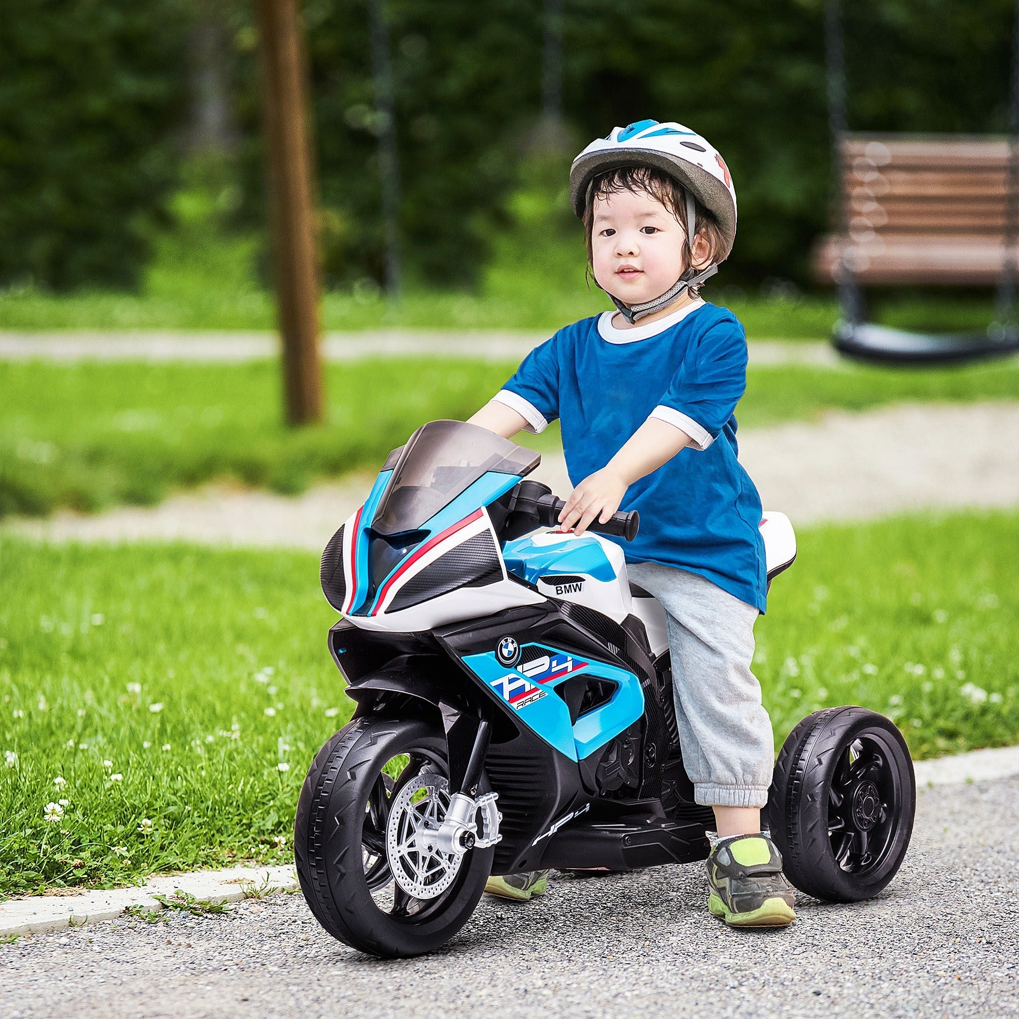 Easycomfort Moto per Bambini 18-60 Mesi Modello BMW HP4 with Fari, Musica e Pedali, in PP e Metallo, 82.5x42x54 cm, Blu
