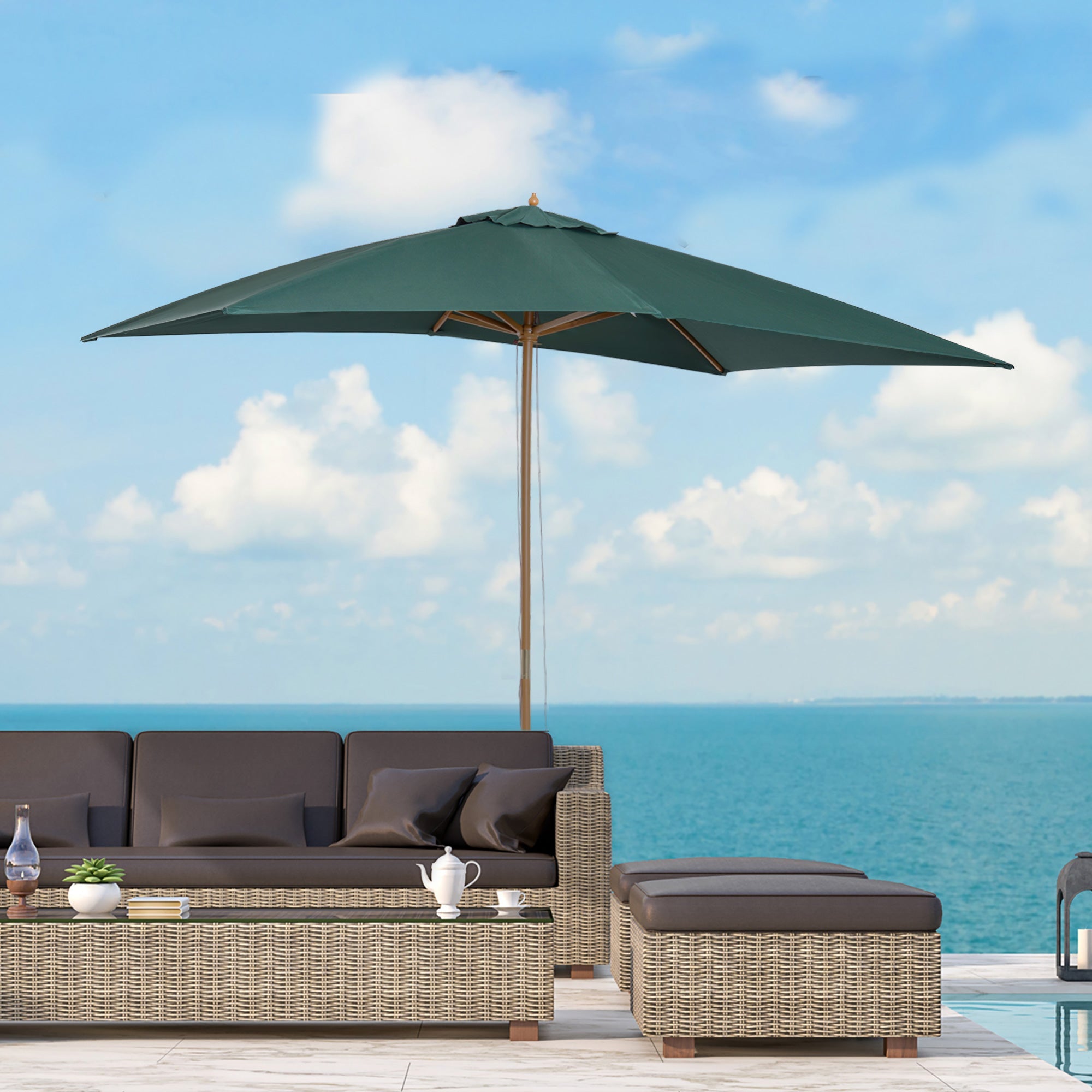 EASYCOMFORT 2x3 m Garden Umbrella in Lacquered Wood and Bamboo with Removable Cover, Dark Green