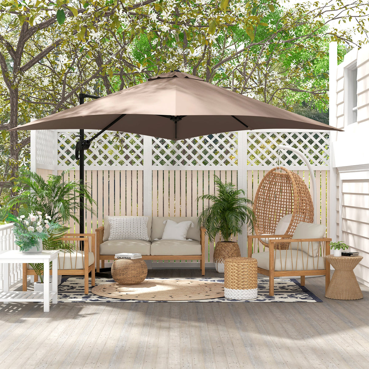 EasyComfort Parasol 3x3 m zijarm met 8 baleinen, pedaal en handwiel, khaki