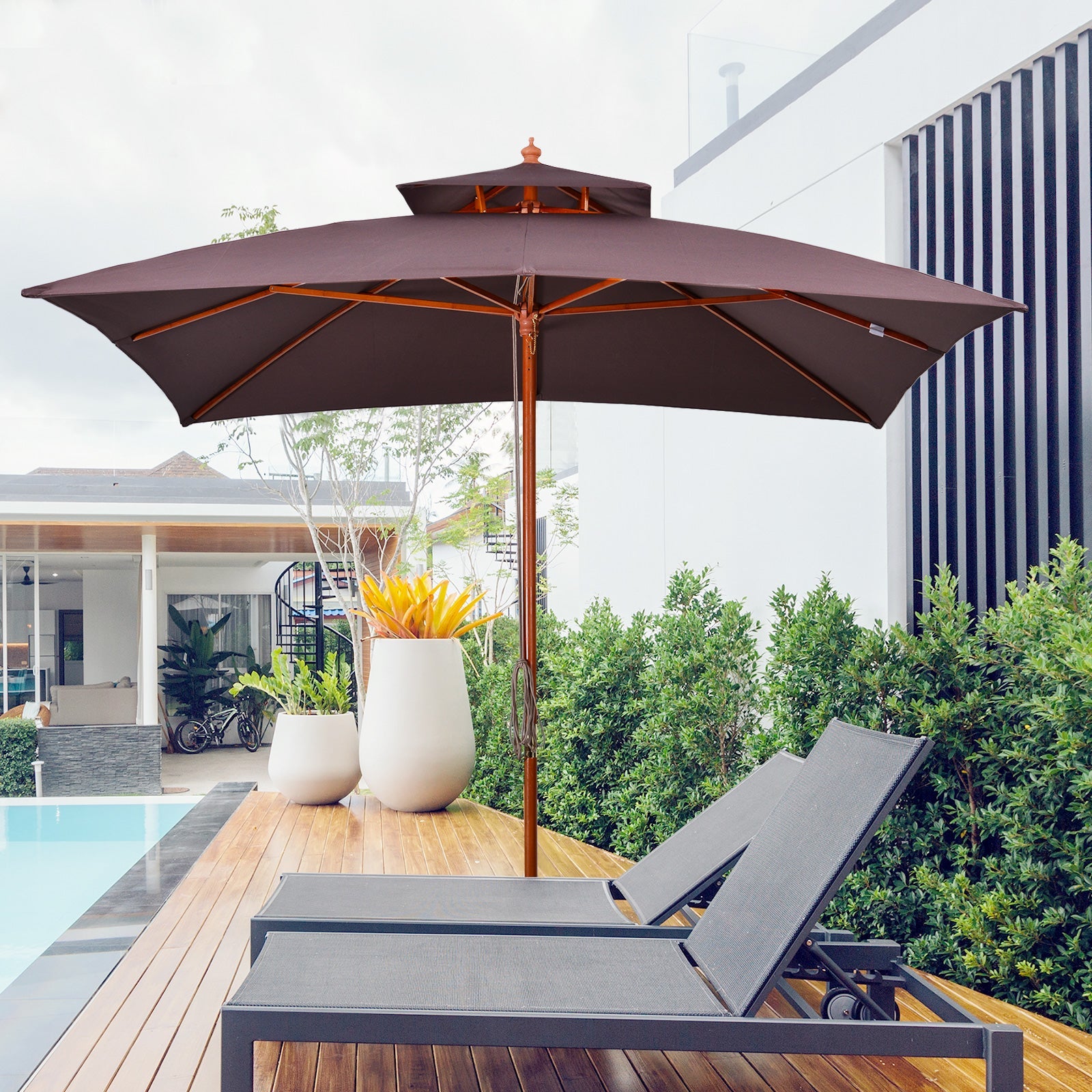 EASYCOMFORT 3x3 m Garden and Terrace Umbrella with 8 Ribs and 2-Level Parasol Cover, Brown