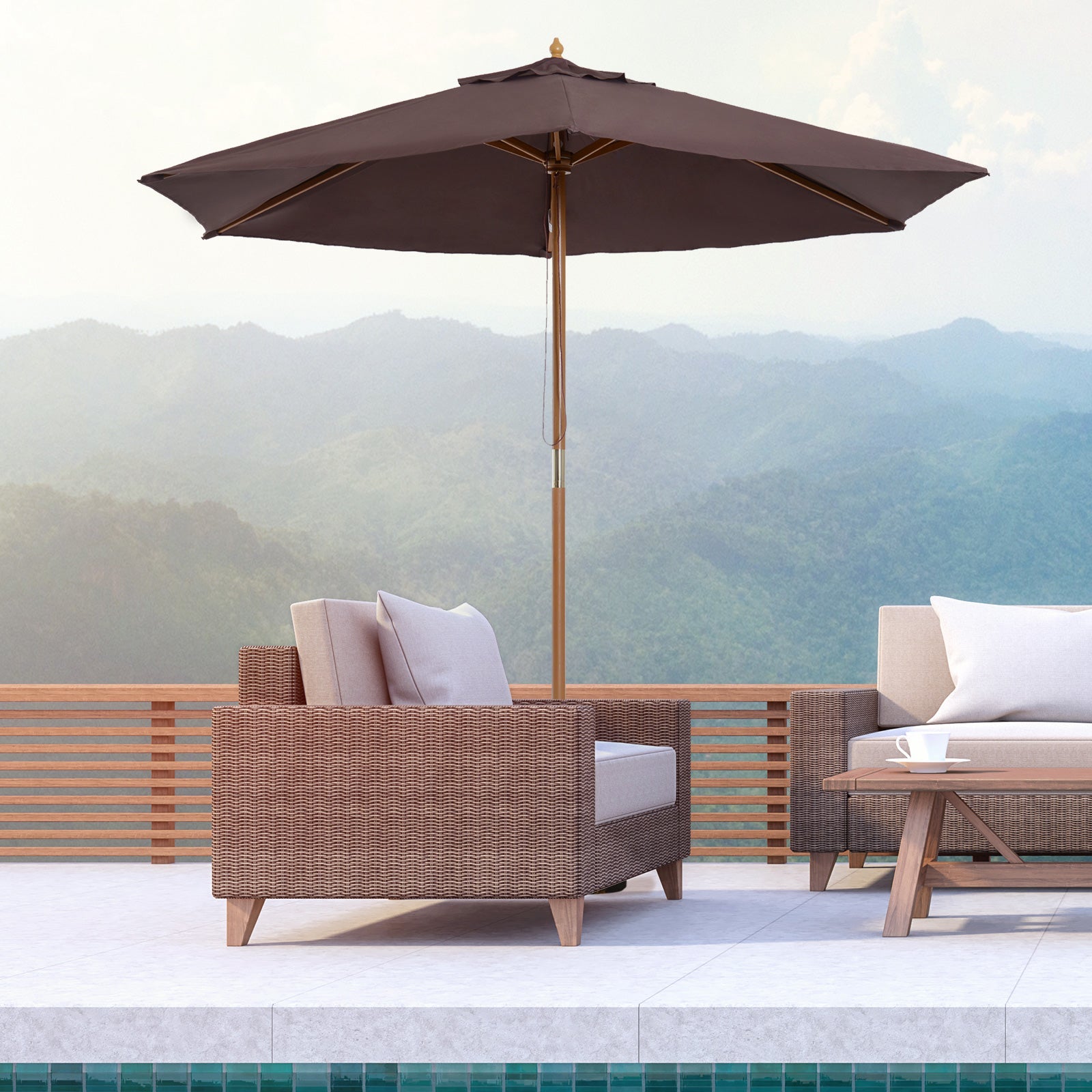 EASYCOMFORT Garden Umbrella 2.5x2.3 m 6 Ribs with Crank, in Wood and Polyester, Brown