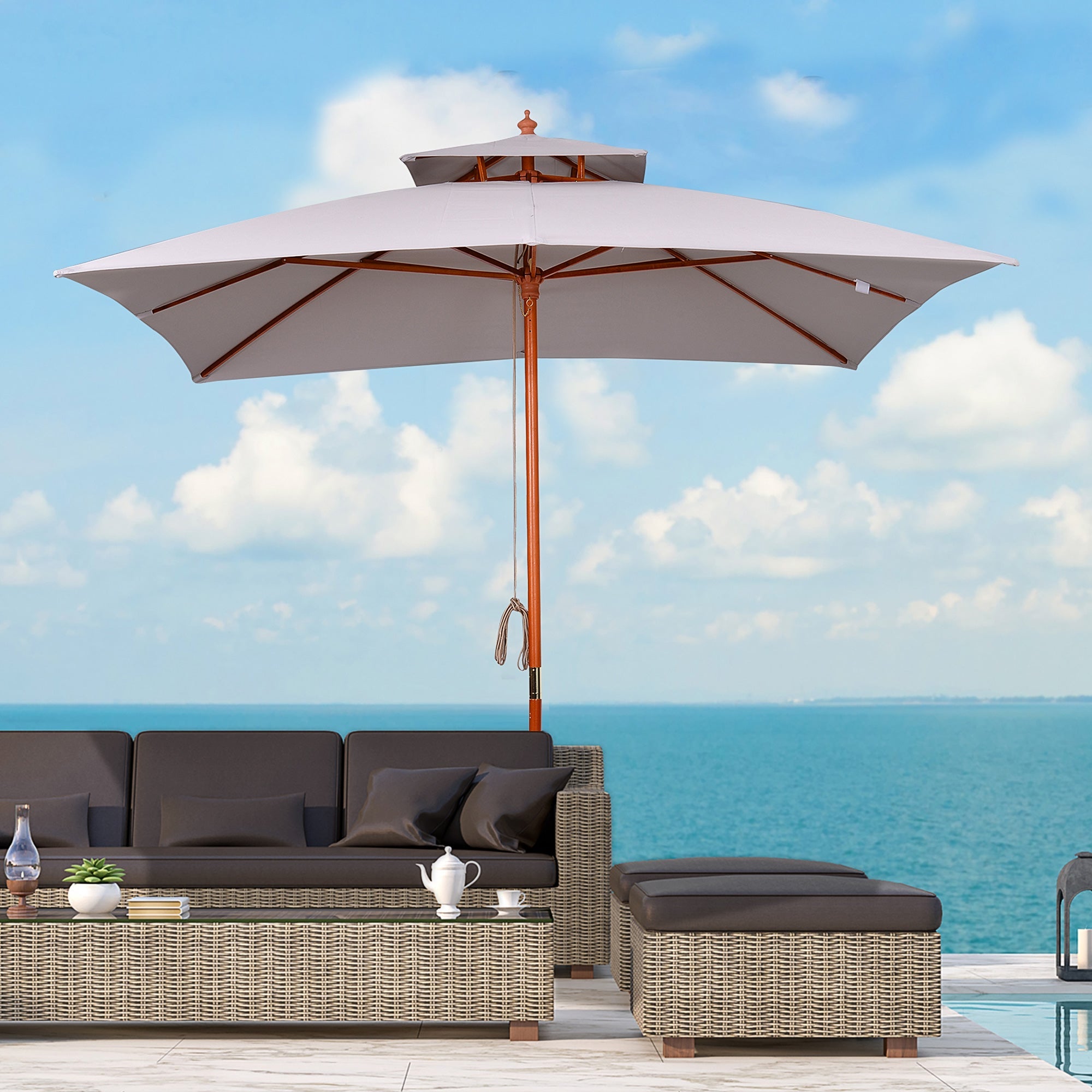 EasyComfort Ombrellone da Giardino 3x3m with 8 Stecche in Bambù e Copertura Parasole a 2 Livelli, Grigio