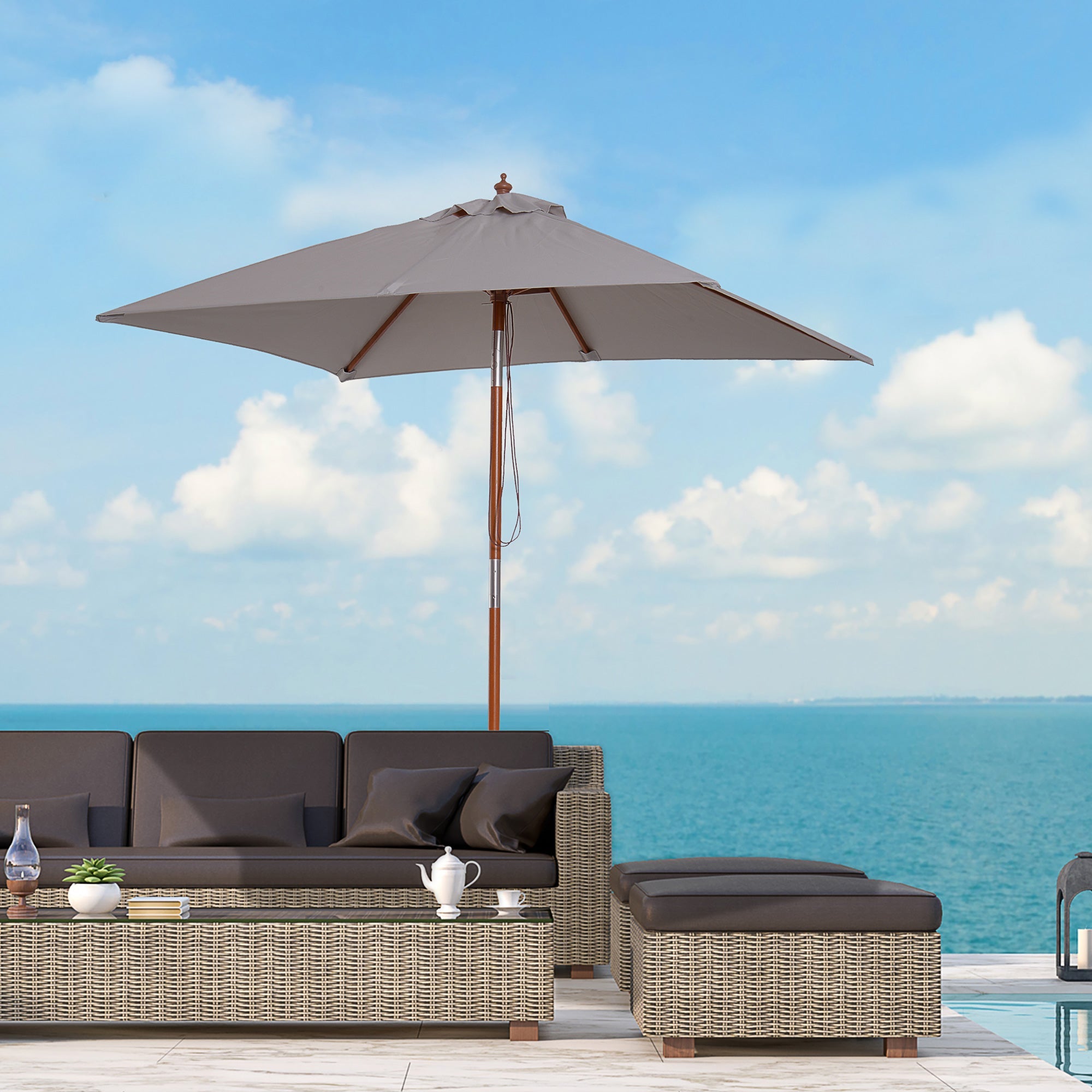 EASYCOMFORT Tilting Garden Umbrella 2x1.5 m 6 Ribs with Fir Wood Pole, Gray