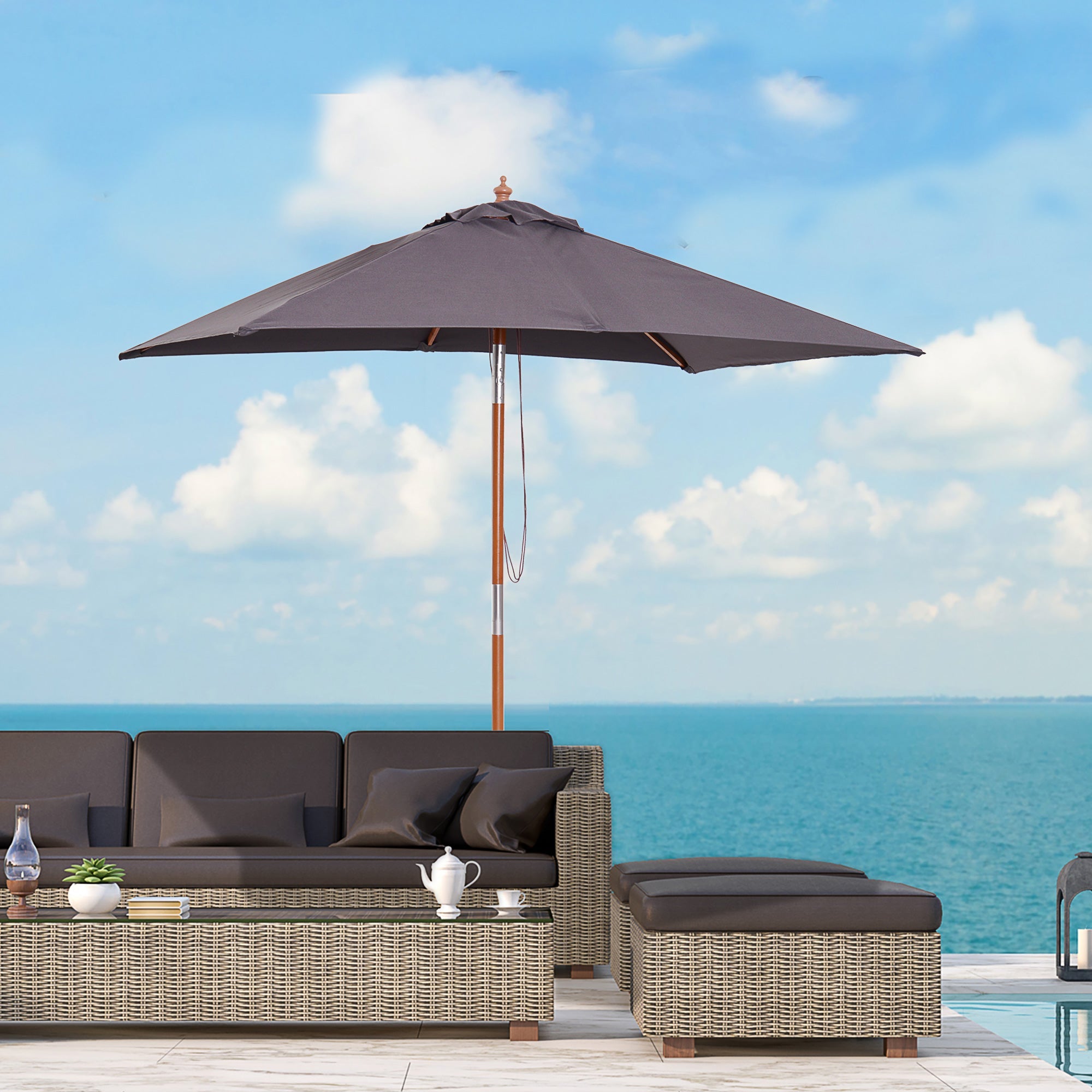 Easycomfort Ombrellone da Giardino Inclinabile 2x1.5 m with 6 Stecche e Palo in Legno di Abete, Grigio Scuro