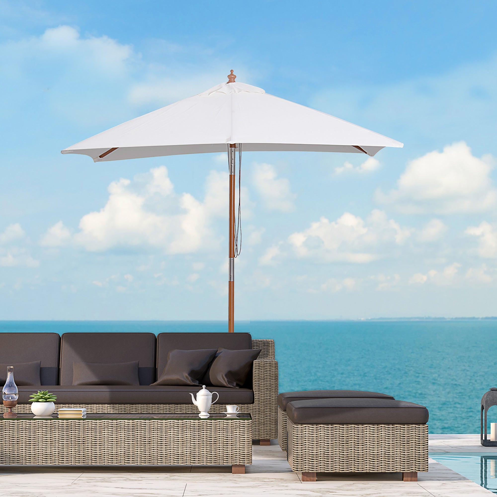 EASYCOMFORT Tilting Garden Umbrella 2x1.5m with 6 ribs with Fir Wood Pole and Rope, Beige