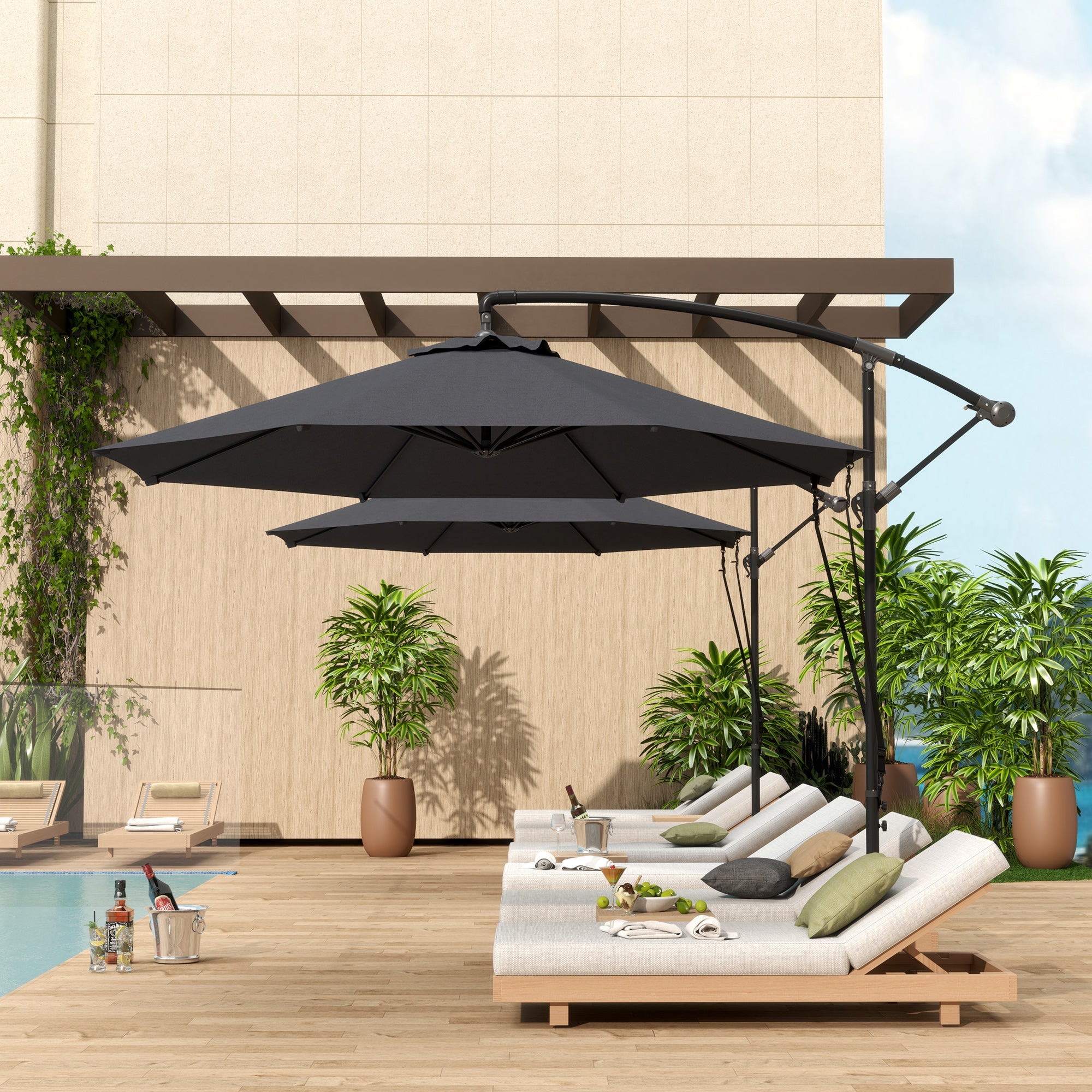 EasyComfort Ombrellone da Giardino Rotondo Inclinabile e Girevole, Manovella e Protezione UPF 50+, Ø3 m, Grigio Scuro