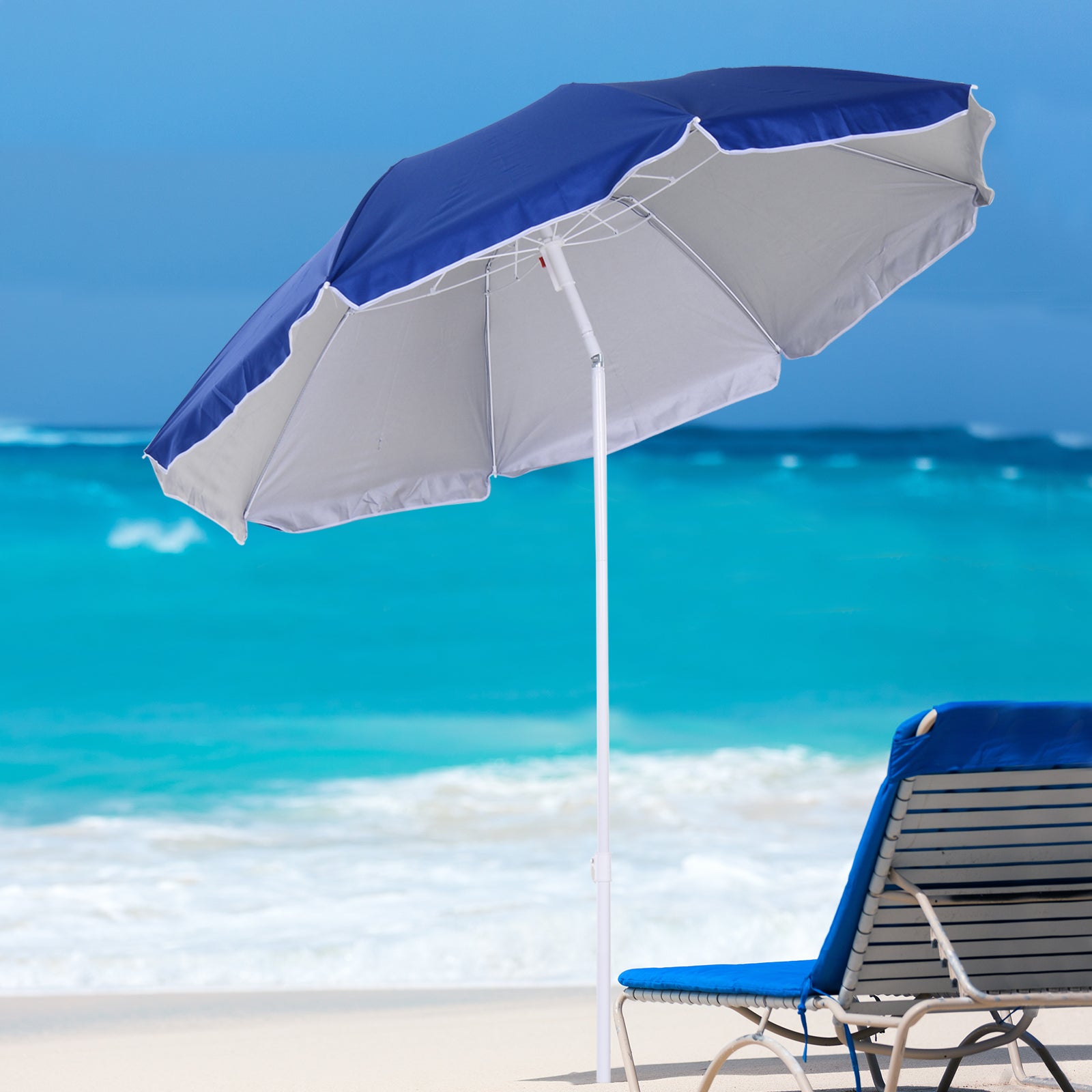 EasyComfort Ombrellone da Spiaggia Inclinabile with Fodera Riflettente, in Acciaio e Poliestere, Ø1.7x2.05 m, Blu