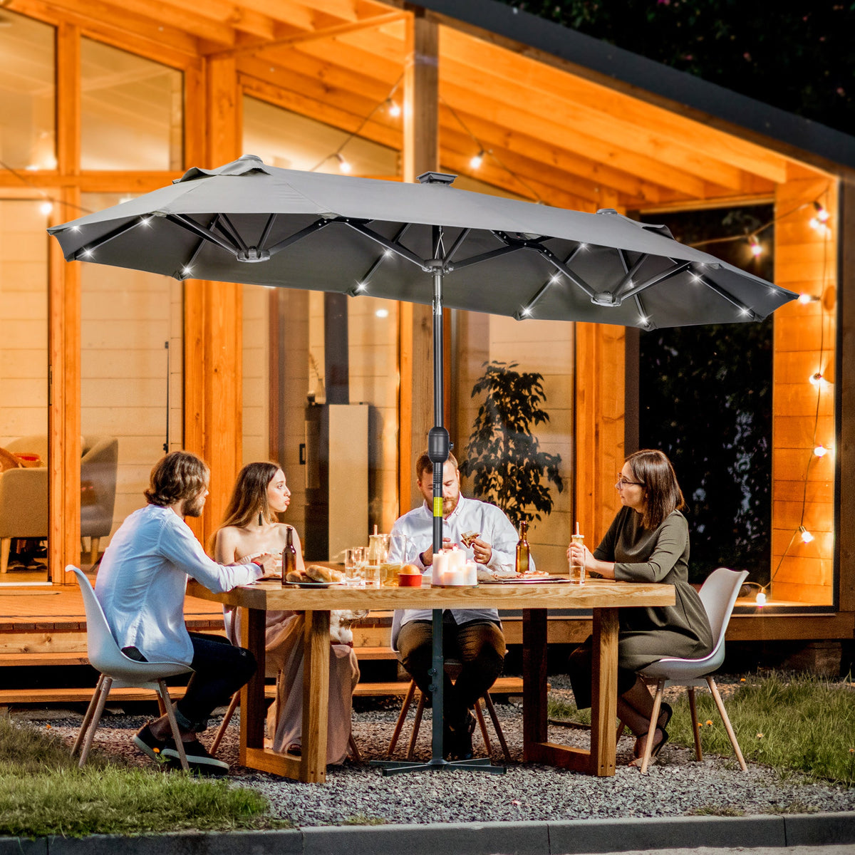 EasyComfort dubbele parasol met zonne-LED's 295x150x219 cm, grijs