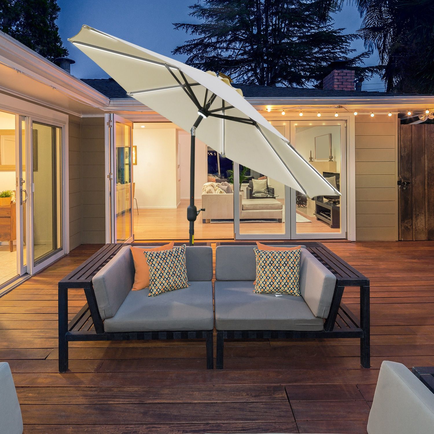 EASYCOMFORT Tilting Umbrella with Crank Opening, LED Lights and Solar Panel, Cream White Φ266x245cm