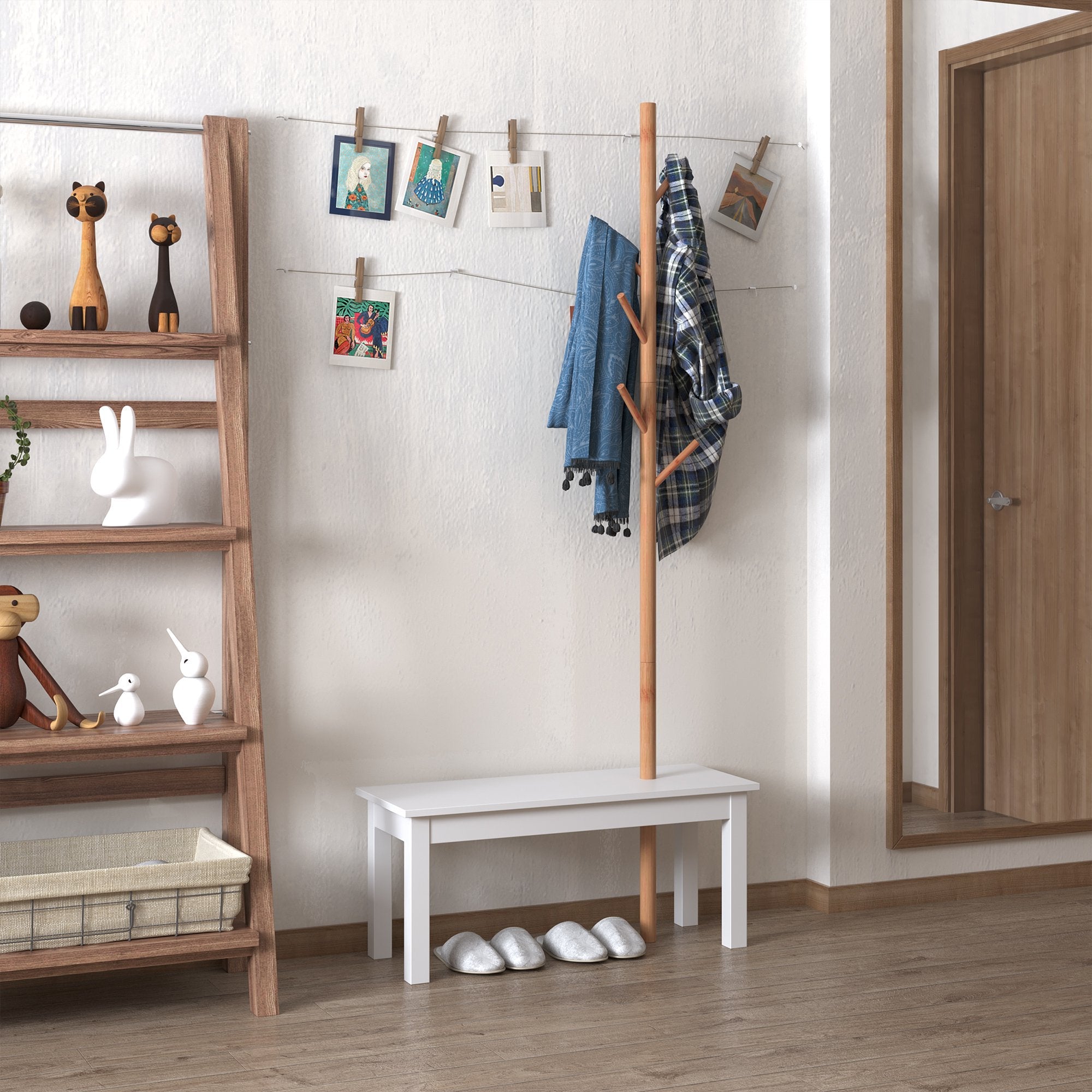 EasyComfort kapstok met bank bamboe wit/hout 80x30x180 cm