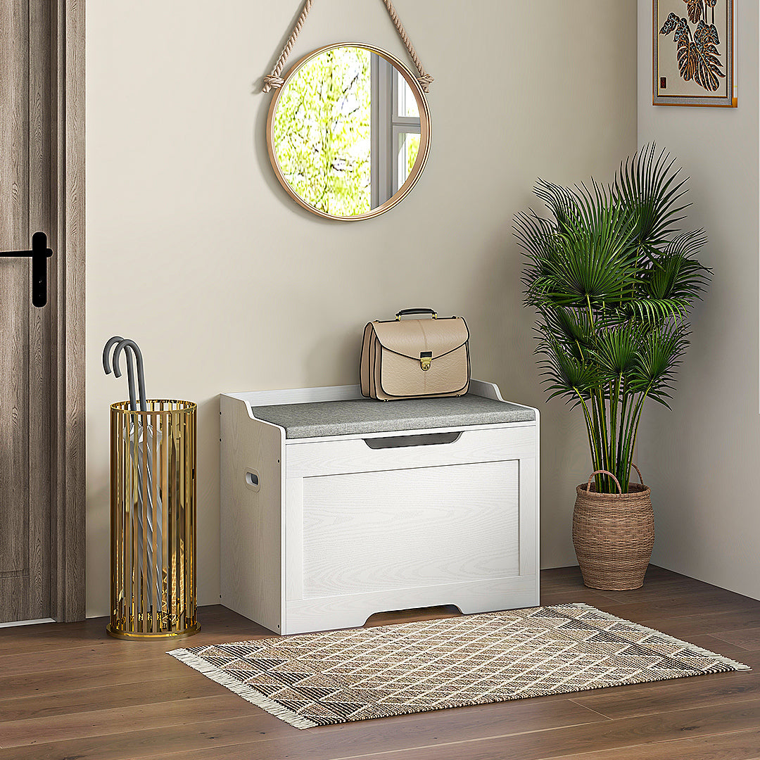 EasyComfort Panca Contenitore da 103L Multifunzione in Legno with Cuscino in Tessuto, 75x40x56cm, white