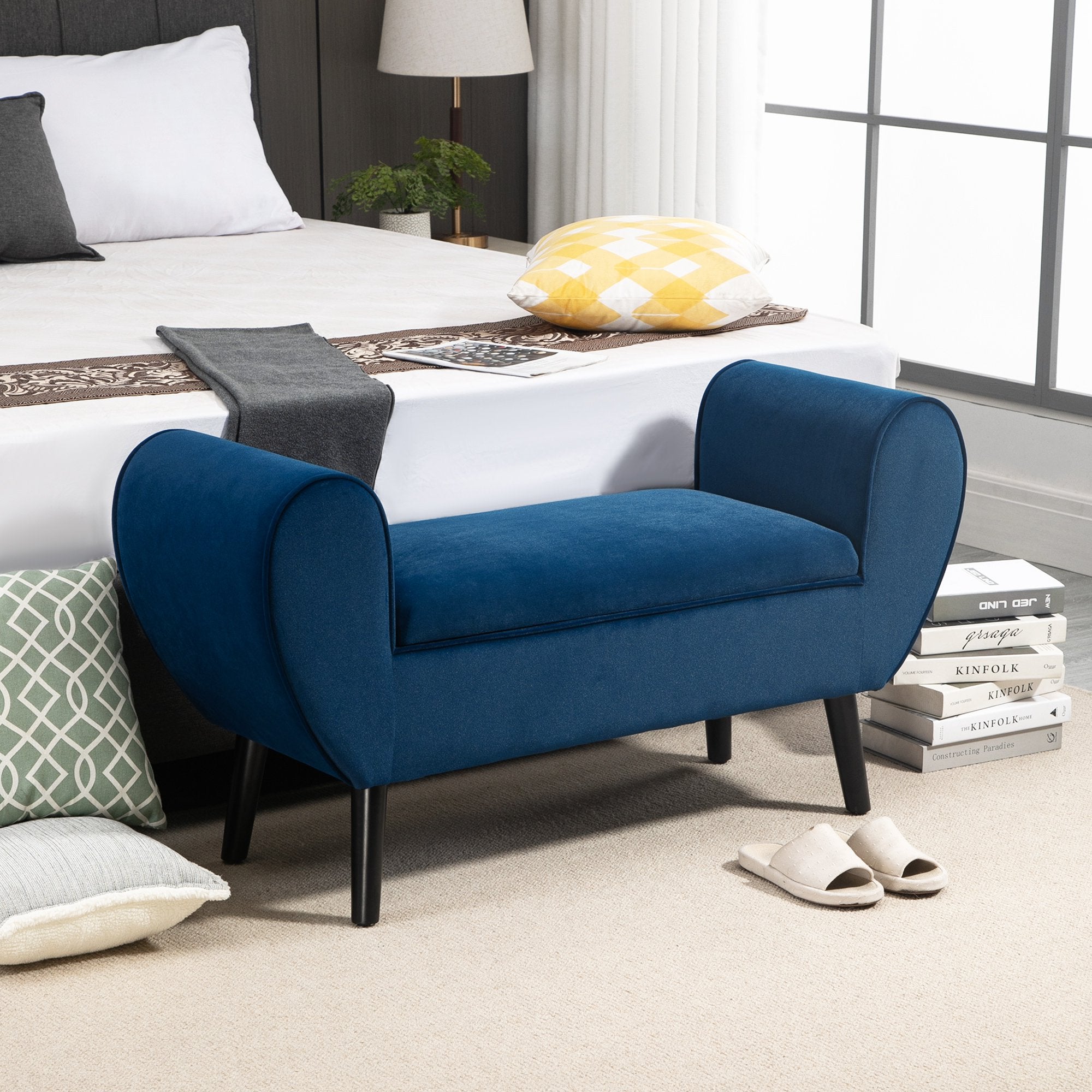 Easycomfort Panca Contenitore Imbottita per Interno in Tessuto Vellutato with Braccioli, 118x42x66cm - Blu