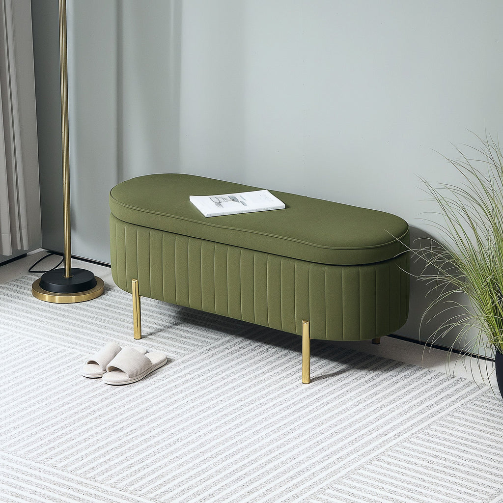 EasyComfort Panca Contenitore Ovale da 72L with Coperchio Sollevabile, in Tessuto Effetto Velluto e Legno, 108x44x43.5 cm, Verde