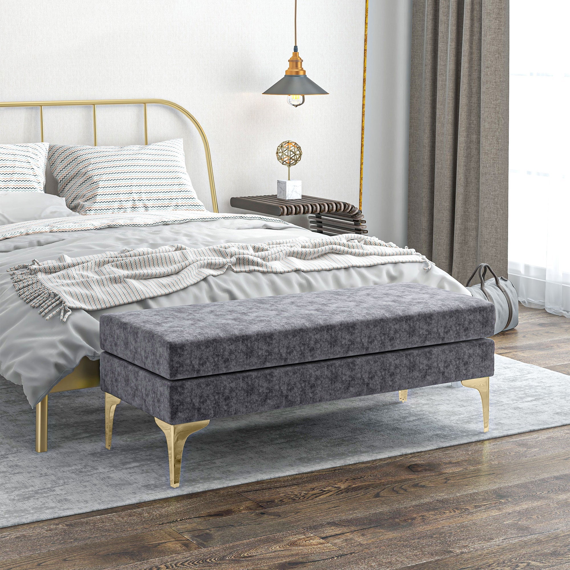 EasyComfort Panca Fondo Letto a 2 Strati in Tessuto Effetto Velluto e Acciaio, 121x50.5x46.5 cm, Grigio Scuro e Oro