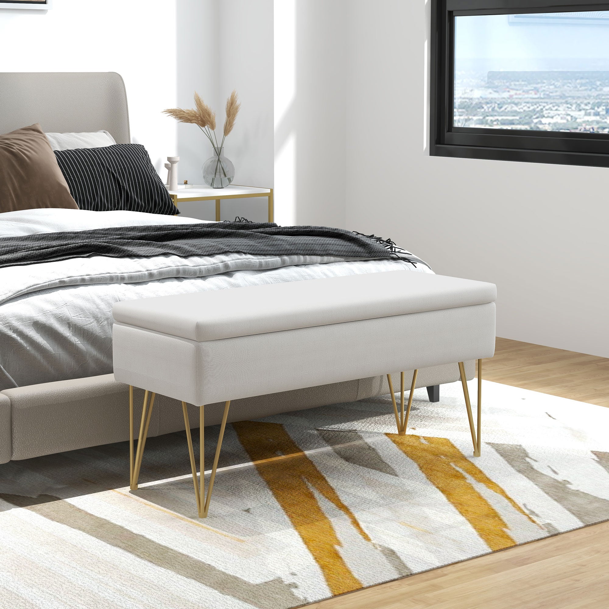 EasyComfort Panca Fondo Letto with Contenitore in Tessuto e Gambe in Acciaio, 100x40x49cm, Crema