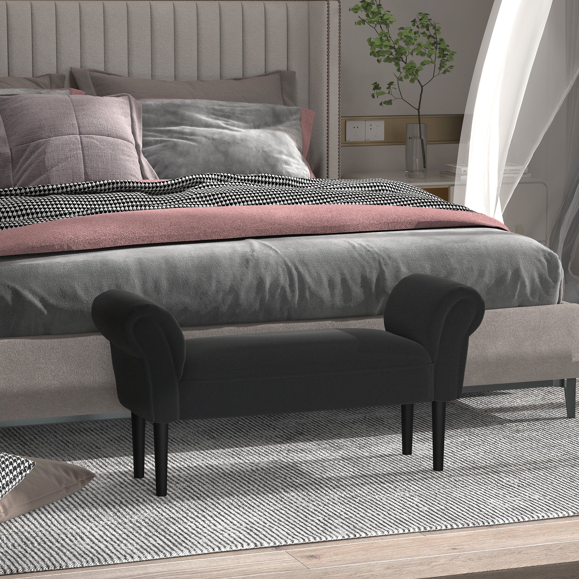 EasyComfort Panca Fondo Letto Imbottita with Braccioli Arrotolati, 102x35x51cm, black