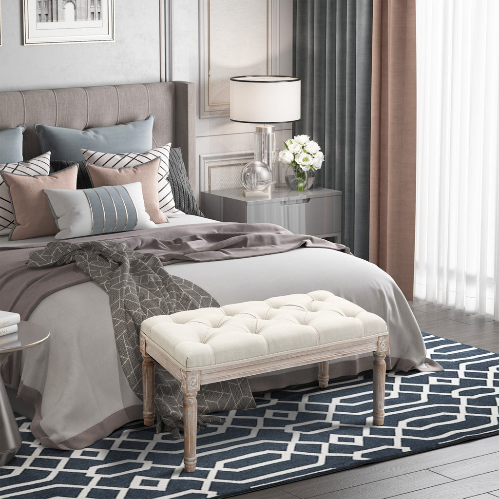 Easycomfort Panca Fondo Letto Imbottita with Rivestimento Effetto Lino e Gambe in Legno, 80x40x41cm, Beige