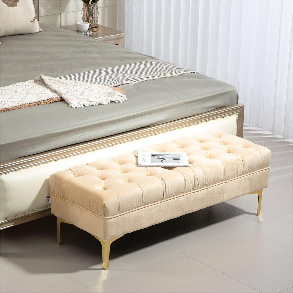 EasyComfort Panca Fondo Letto Imbottita with Rivestimento Trapuntato in Tessuto Effetto Velluto, 118x45x42 cm, Beige