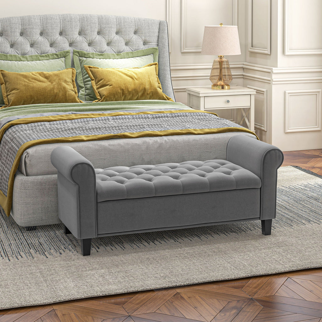 Easycomfort Panca Fondo Letto in Tessuto Vellutato with Spazio Portaoggetti e Braccioli, 126x48.5x57 cm, Grigio