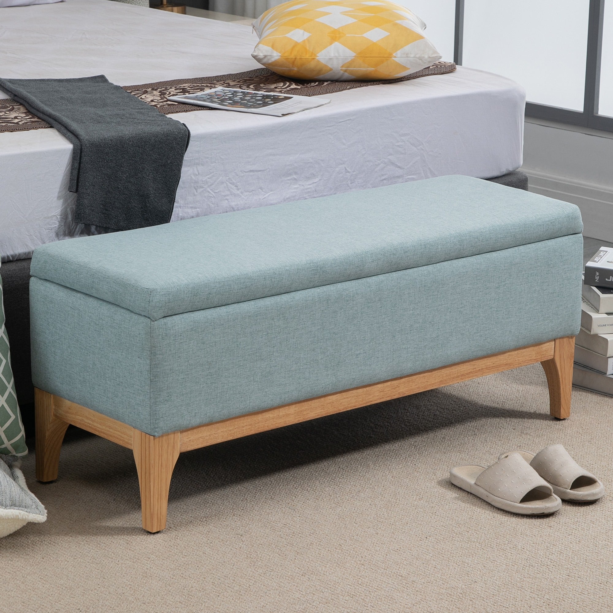 Easycomfort Panca Imbottita Contenitore in Tessuto with Design Scandinavo, 110x39x45Acm - Azzurro