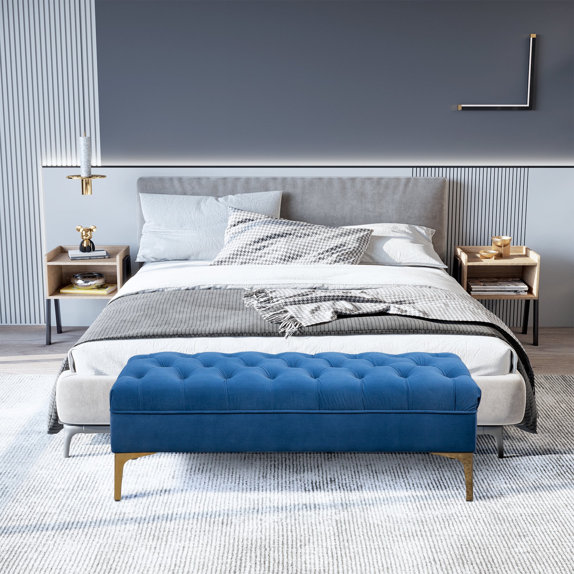 Easycomfort Panca Imbottita Fondoletto in Tessuto Vellutato e Base in Metallo Dorato, 118x45x42 cm, Blu
