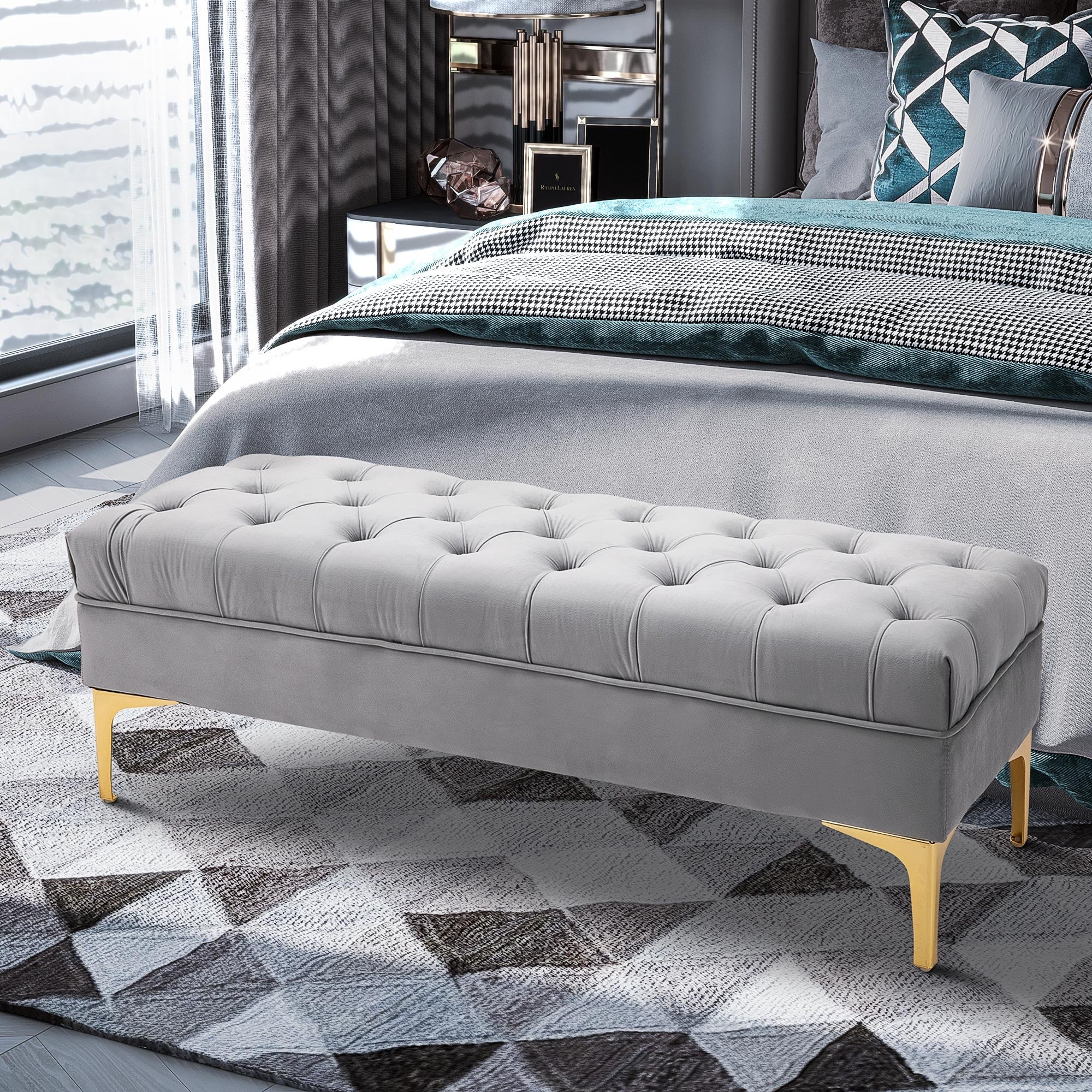 Easycomfort Panca Imbottita Fondoletto in Tessuto Vellutato e Base in Metallo Dorato, 118x45x42cm, Grigio