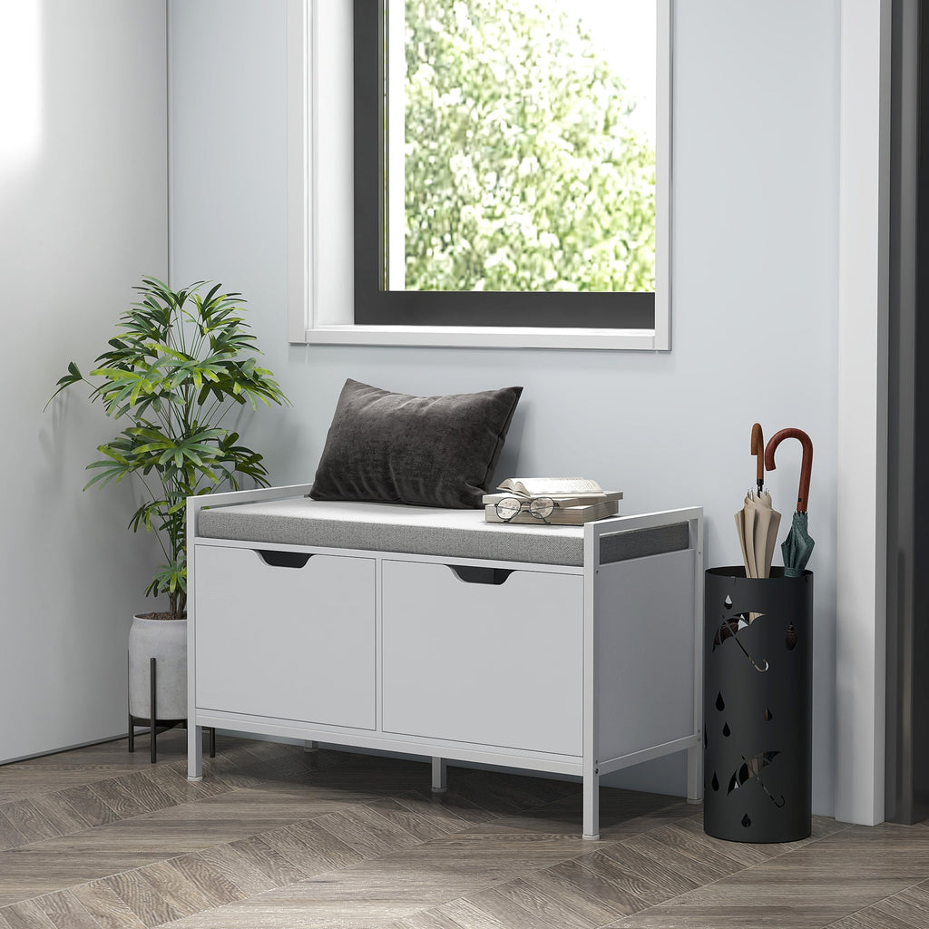 EasyComfort Panca Scarpiera a 2 Armadietti with Cuscino, in Tessuto Effetto Lino, Legno e Acciaio, 84x35x50 cm, white