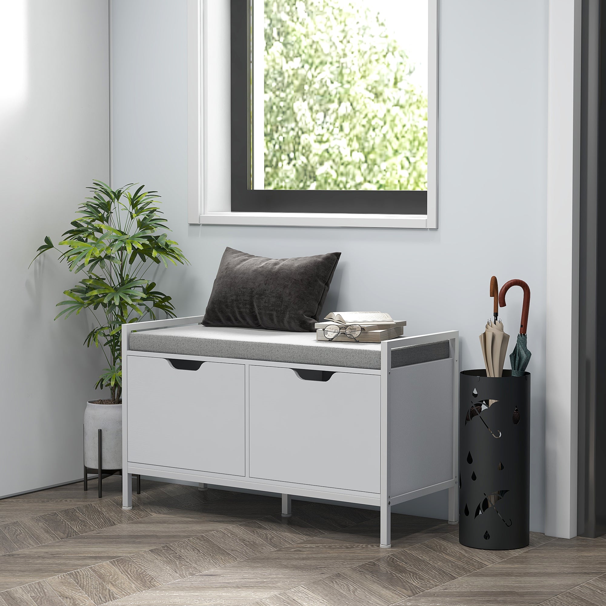 EasyComfort Panca Scarpiera a 2 Armadietti with Cuscino, in Tessuto Effetto Lino, Legno e Acciaio, 84x35x50 cm, white