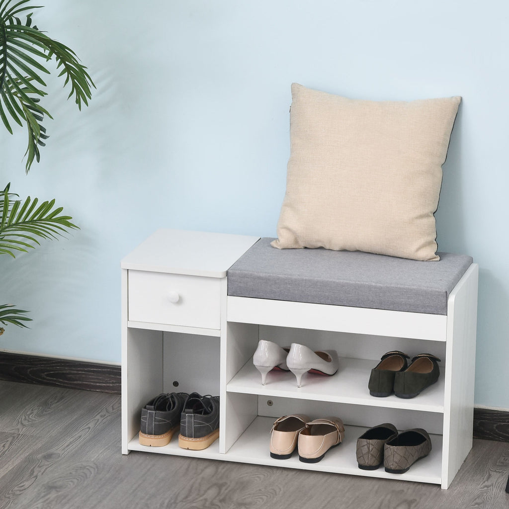Easycomfort Panca Scarpiera with Cuscino, Cassetto e 3 Vani Aperti in Legno, 81x31.5x49cm, white