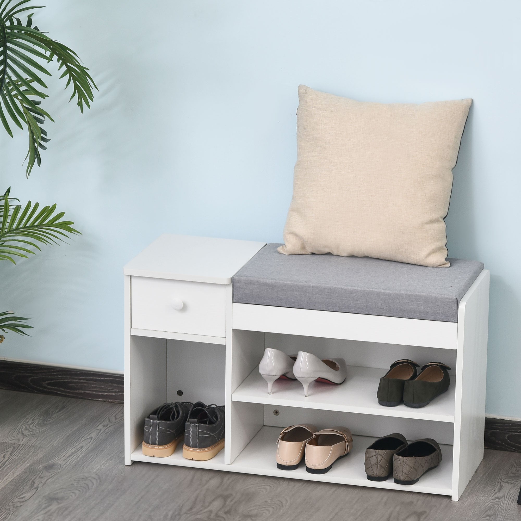 Easycomfort Panca Scarpiera with Cuscino, Cassetto e 3 Vani Aperti in Legno, 81x31.5x49cm, white