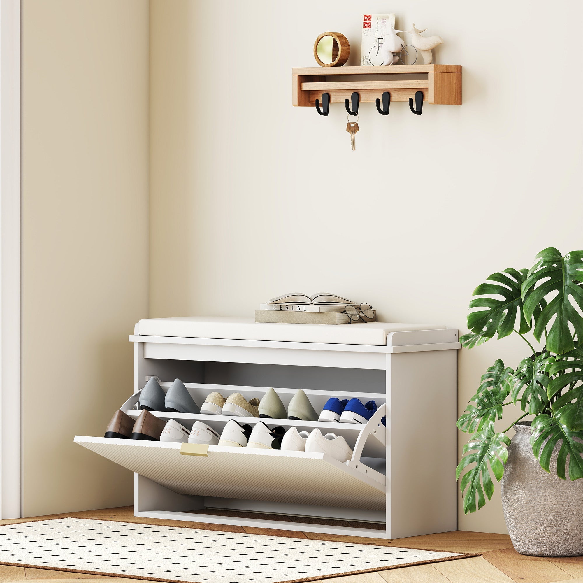 EasyComfort Panca Scarpiera with Ripiano Interno, in Legno e Tessuto Effetto Lino, 80x26x47.5 cm, Bianca e Beige