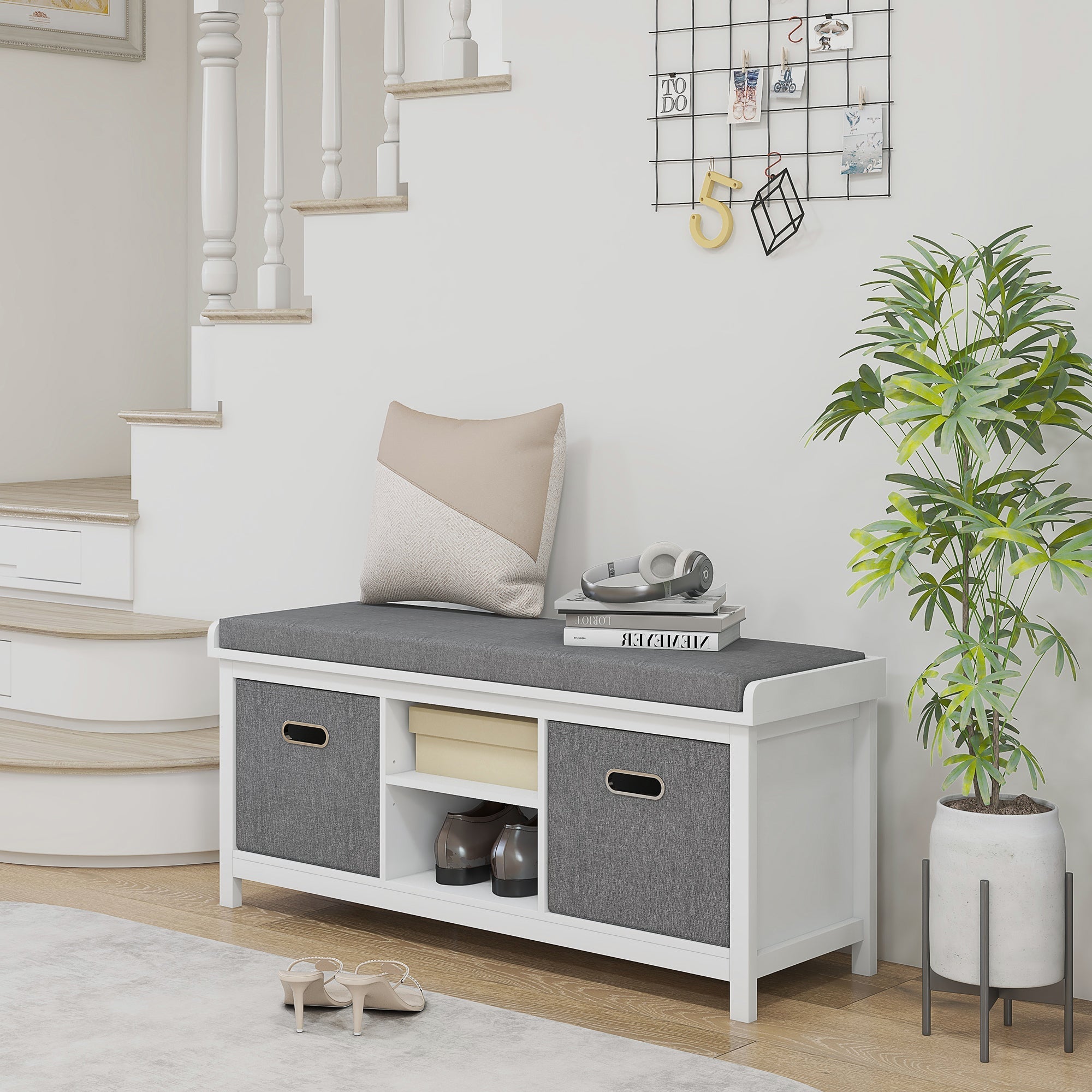 EasyComfort Panca Scarpiera with Ripiano Regolabile a 3 Livelli e 2 Cassetti, in Truciolato, 105x35x47 cm, Bianca e Grigia