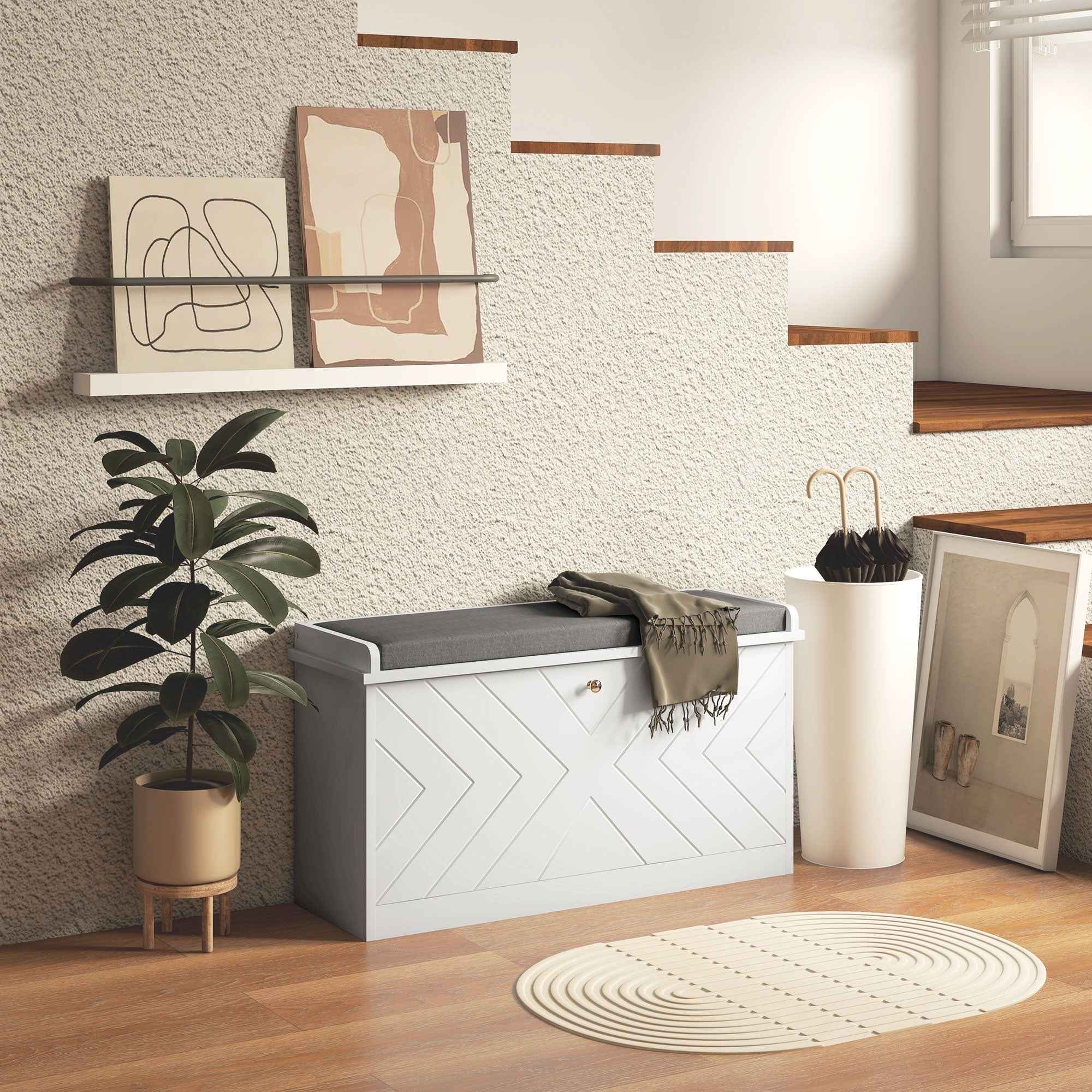 EasyComfort Panca Scarpiera Salvaspazio with Cuscino e Cassetto Ribaltabile per 8 Paia di Scarpe, white
