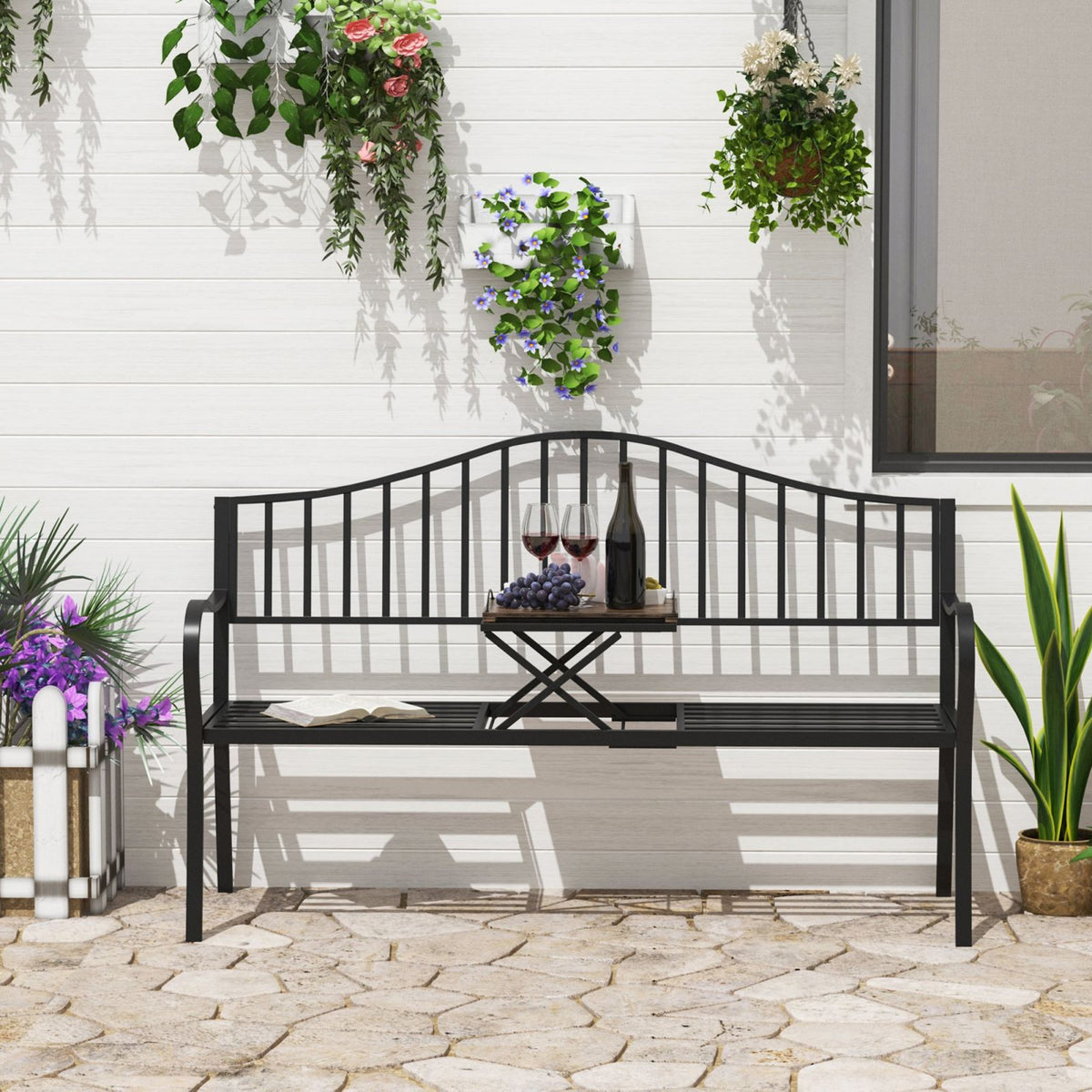 EasyComfort 2-zits tuinbank met uitschuifbare tafel 150 x 53 x 95 cm zwart