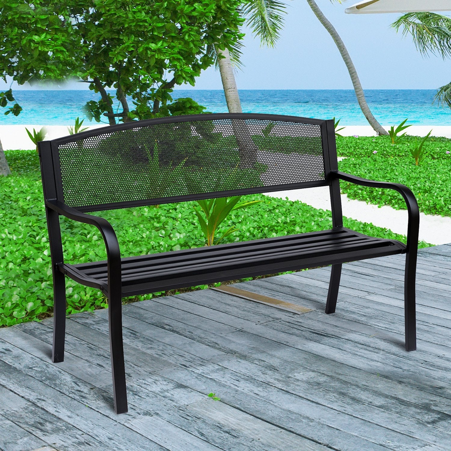 EASYCOMFORT Outdoor Bench in Steel, Black, 127x60x85cm