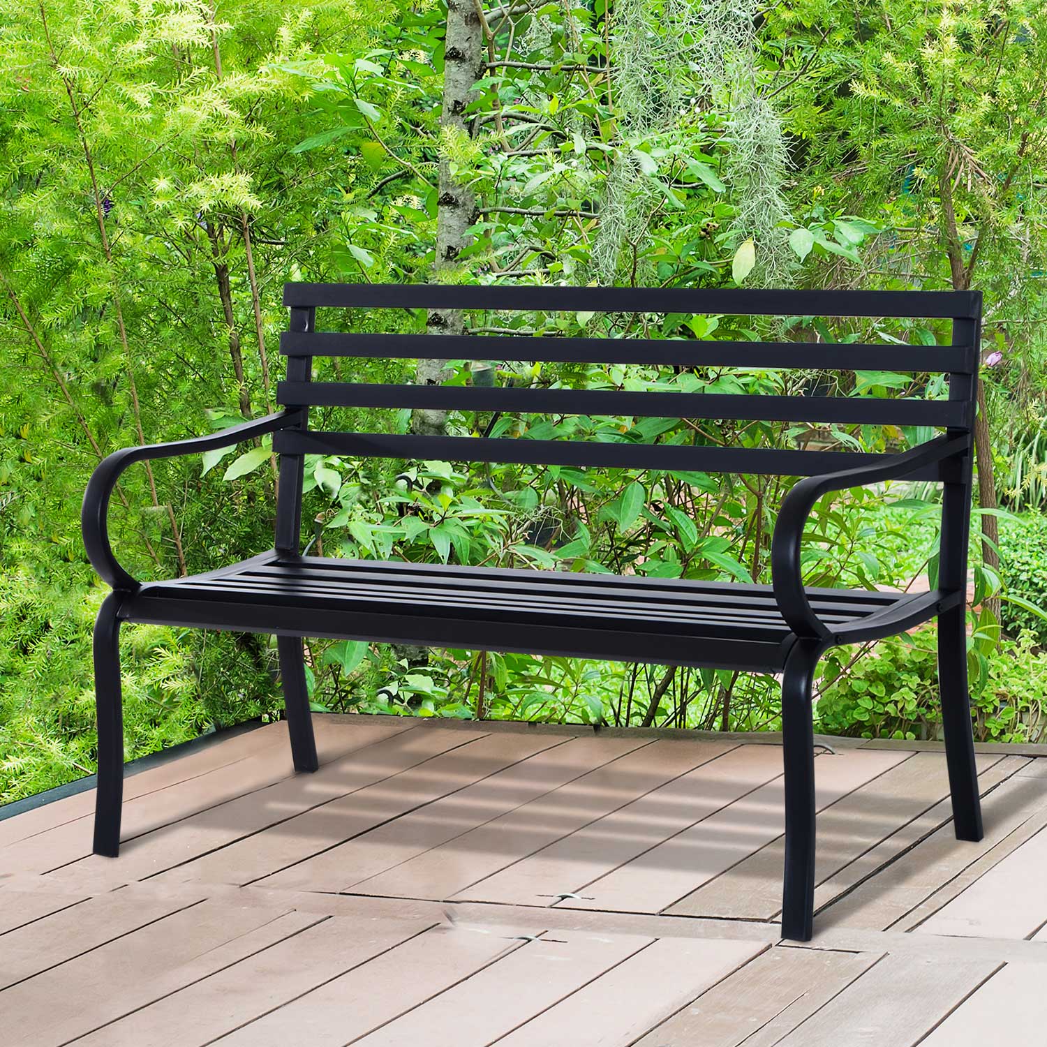 Easycomfort Panchina da Esterno in Metallo Impermeabile black, Panca da Giardino a due Posti, 127 x 62 x 82cm - Max 240kg