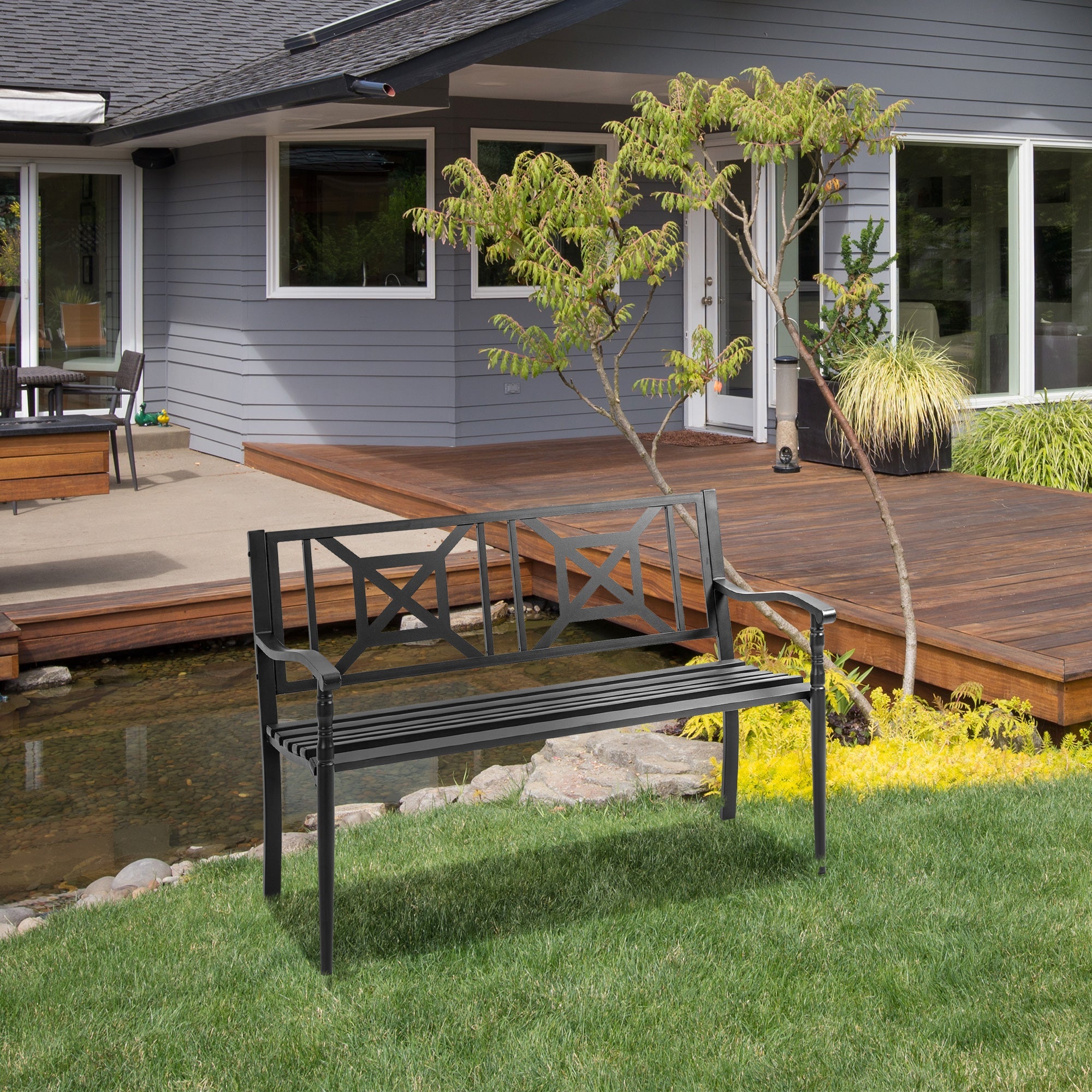 EasyComfort Panchina da Giardino in Acciaio a 2 Posti with Schienale Alto e Braccioli, 128x62.5x81.5 cm, black