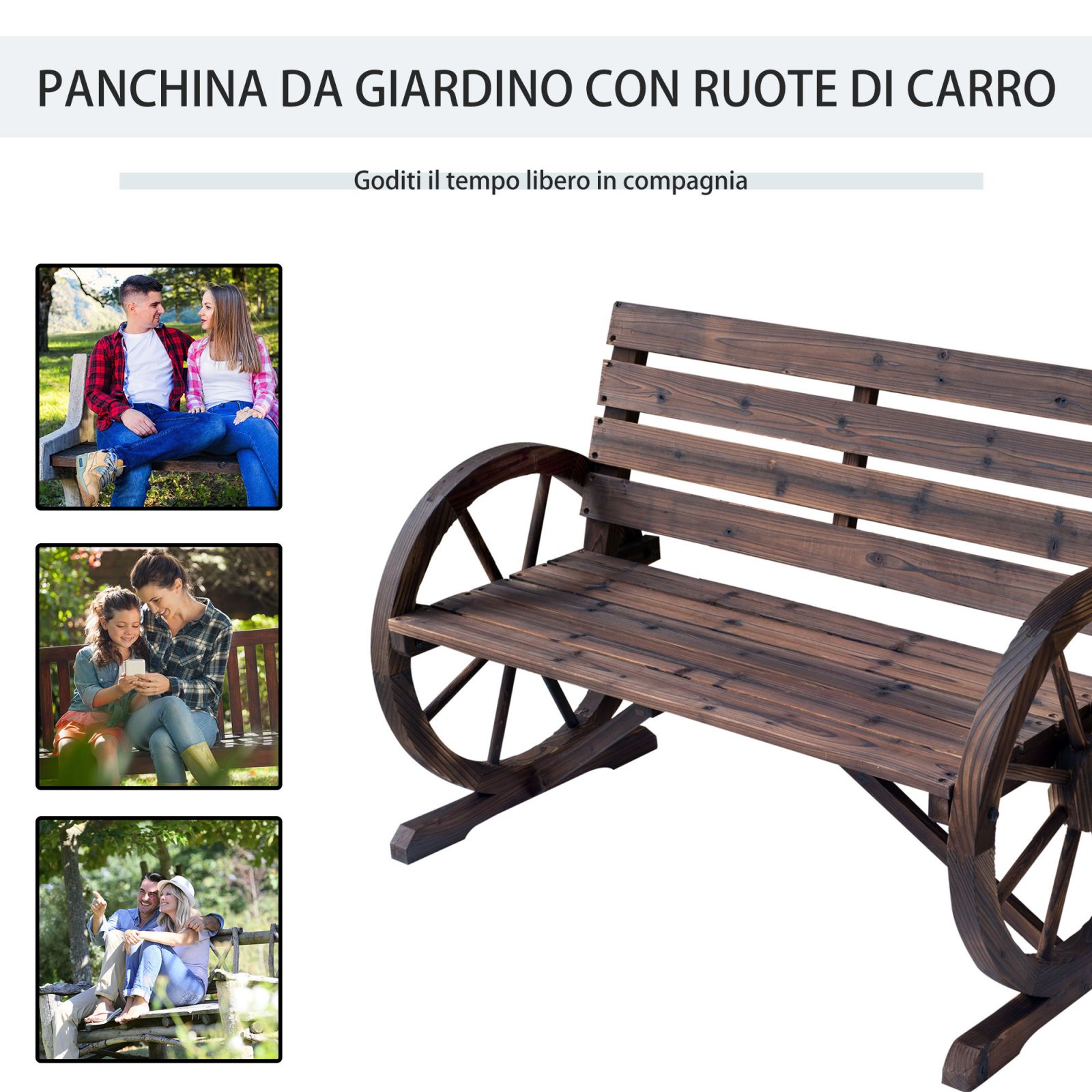 EASYCOMFORT Country Style Garden Bench for 2 People with Wheel Armrests in Brown Wood