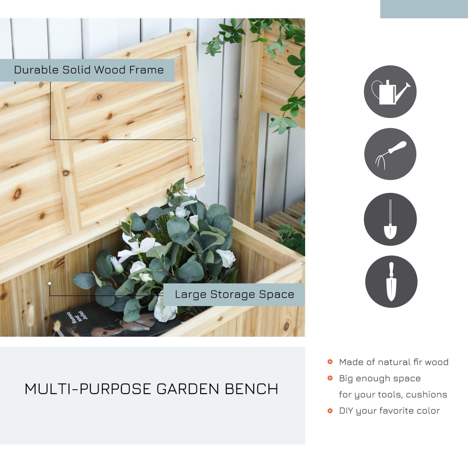 EASYCOMFORT Wooden Garden Bench Outdoor Container with Backrest