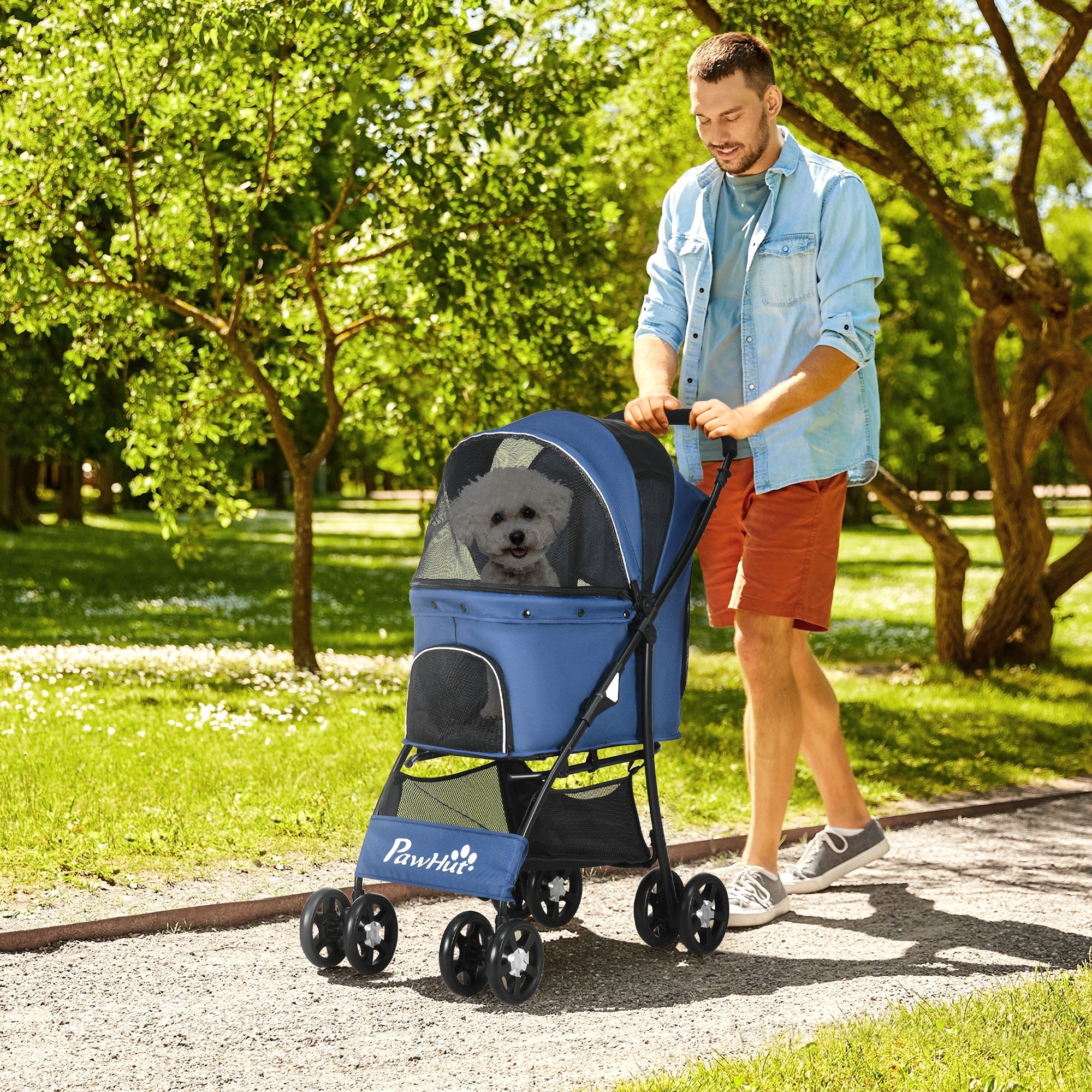 EasyComfort Hondenbuggy met mand, kussen en 2 veiligheidslijnen, tot 10 kg, zwart/donkerblauw