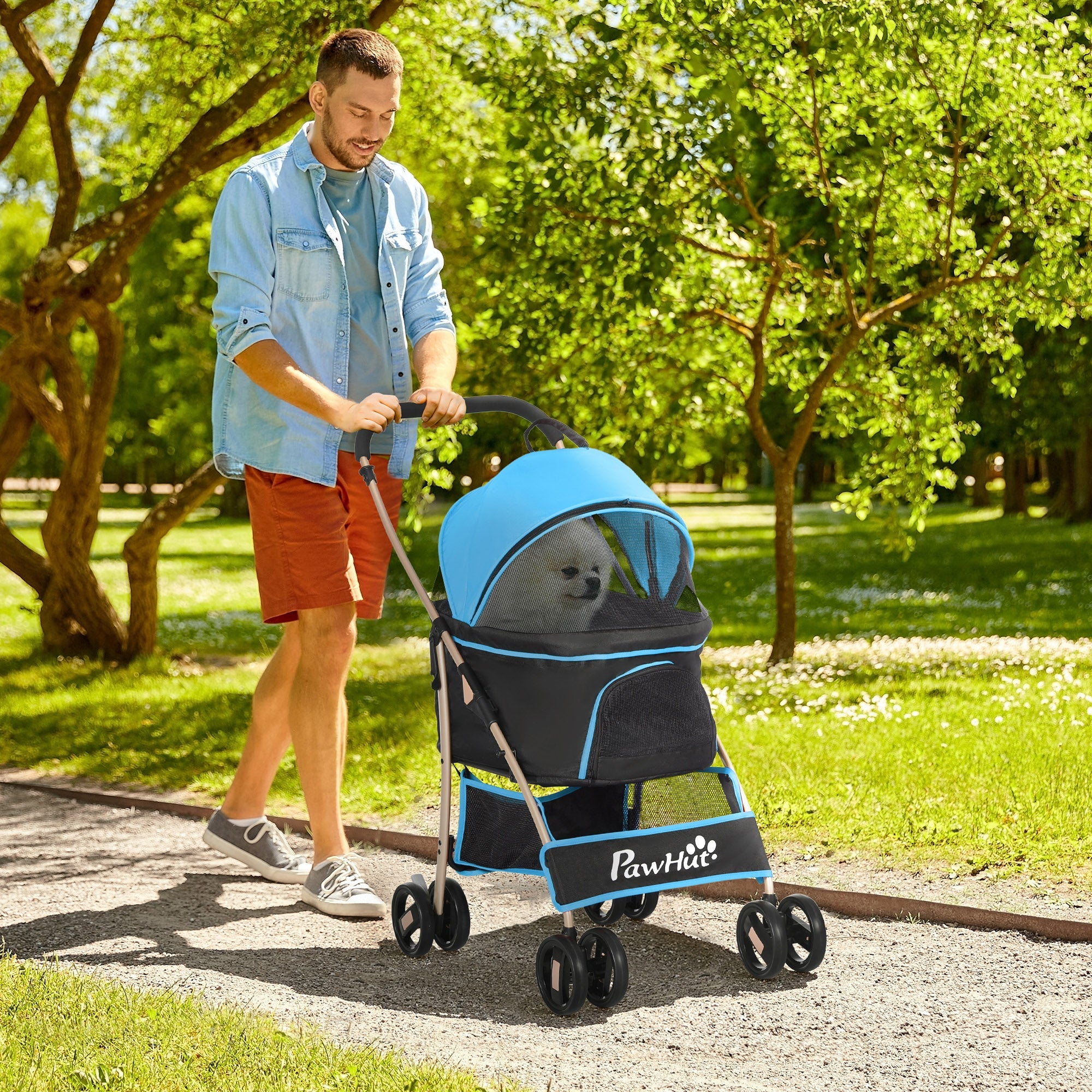 EasyComfort Passeggino per Cani Convertibile con 2 Guinzagli e Cuscino, in Acciaio e Poliestere, 82x49.5x98 cm, Azzurro e Nero