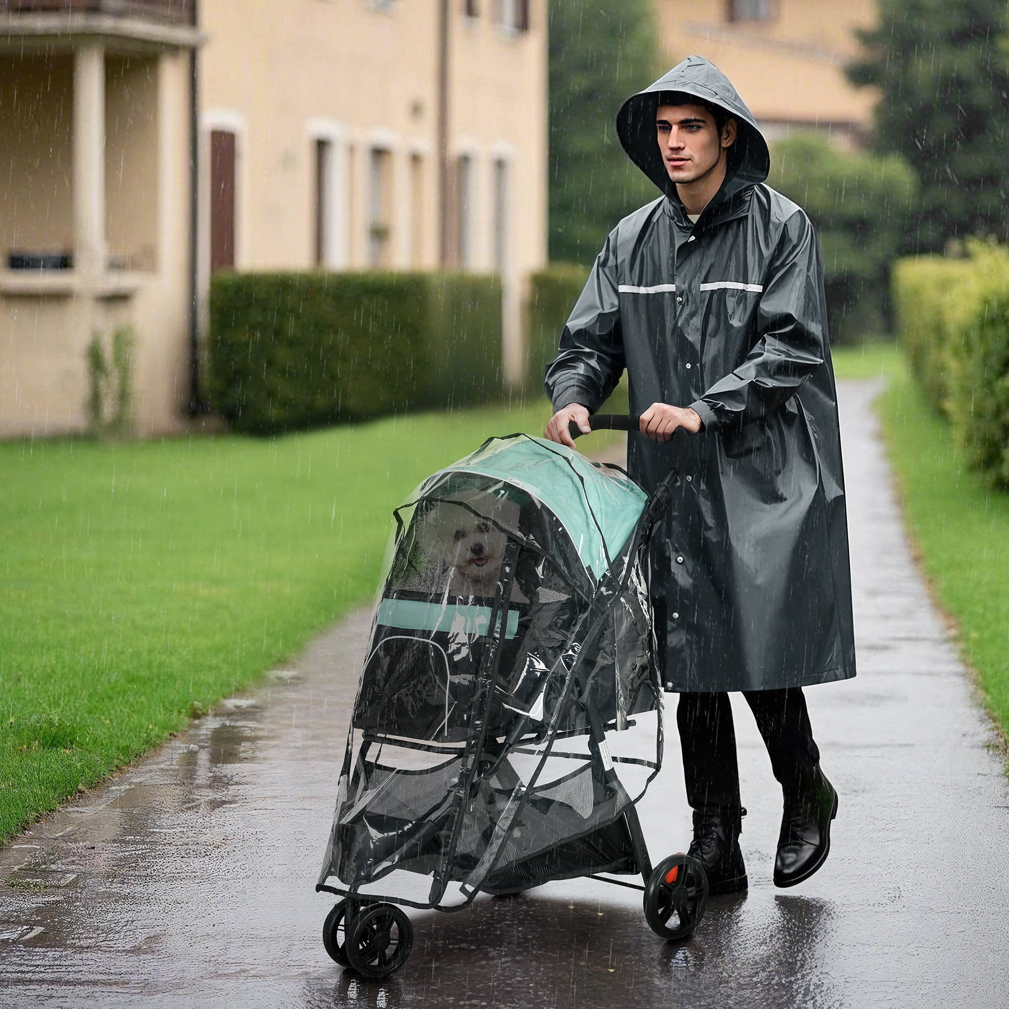 EasyComfort Passeggino per Cani Piccoli Pieghevole a 3 Ruote con Copertura Antipioggia e Cestino, Verde