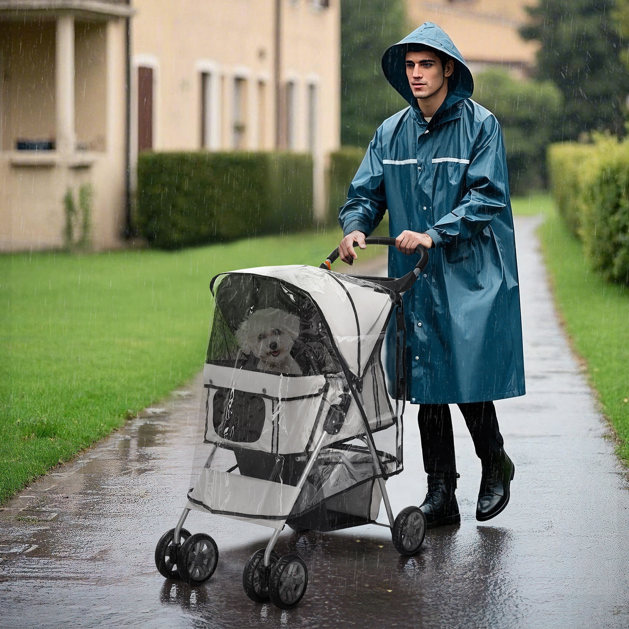 EasyComfort Passeggino per Cani Piccoli Pieghevole con Copertura Antipioggia, Ruote Girevoli e con Freni, Grigio