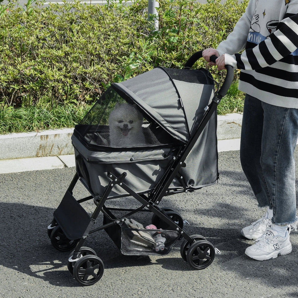EASYCOMFORT Foldable Stroller for Small Dogs with Swivel Handle and Storage Basket, 76.5x52x95 cm, Gray
