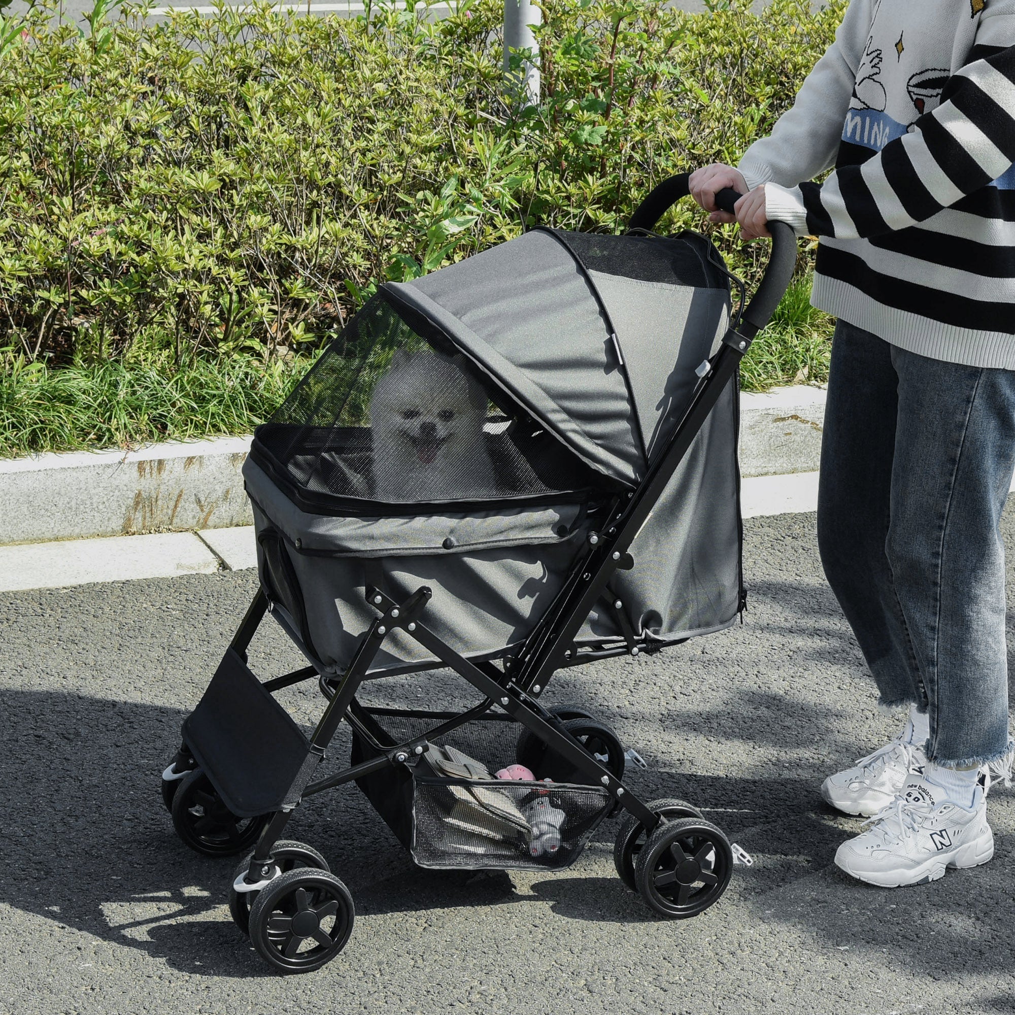 EASYCOMFORT Foldable Stroller for Small Dogs with Swivel Handle and Storage Basket, 76.5x52x95 cm, Gray