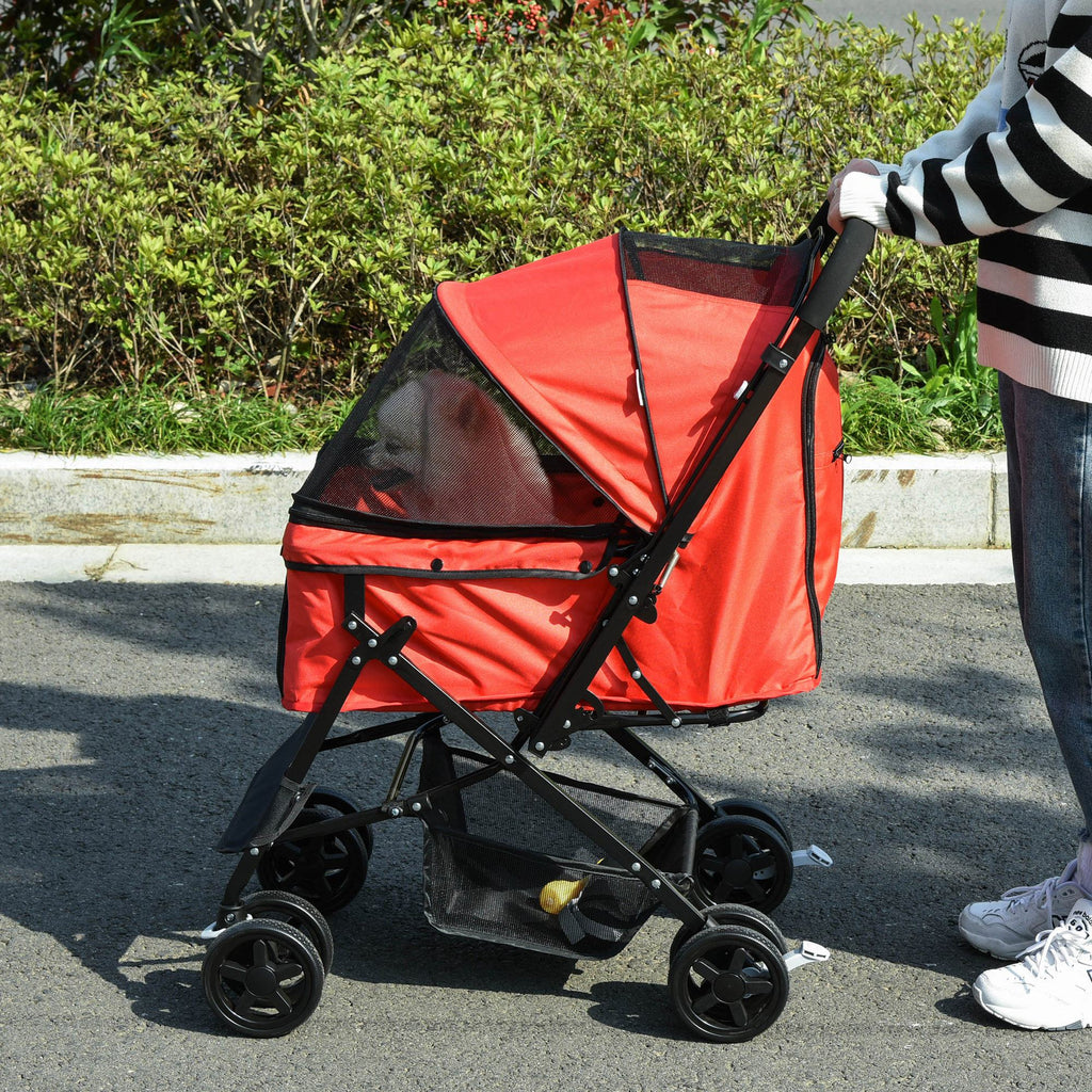 EasyComfort Passeggino per Cani Piccoli Pieghevole con Maniglione Girevole e Ruote con Freni, 76.5x52x95cm, Rosso