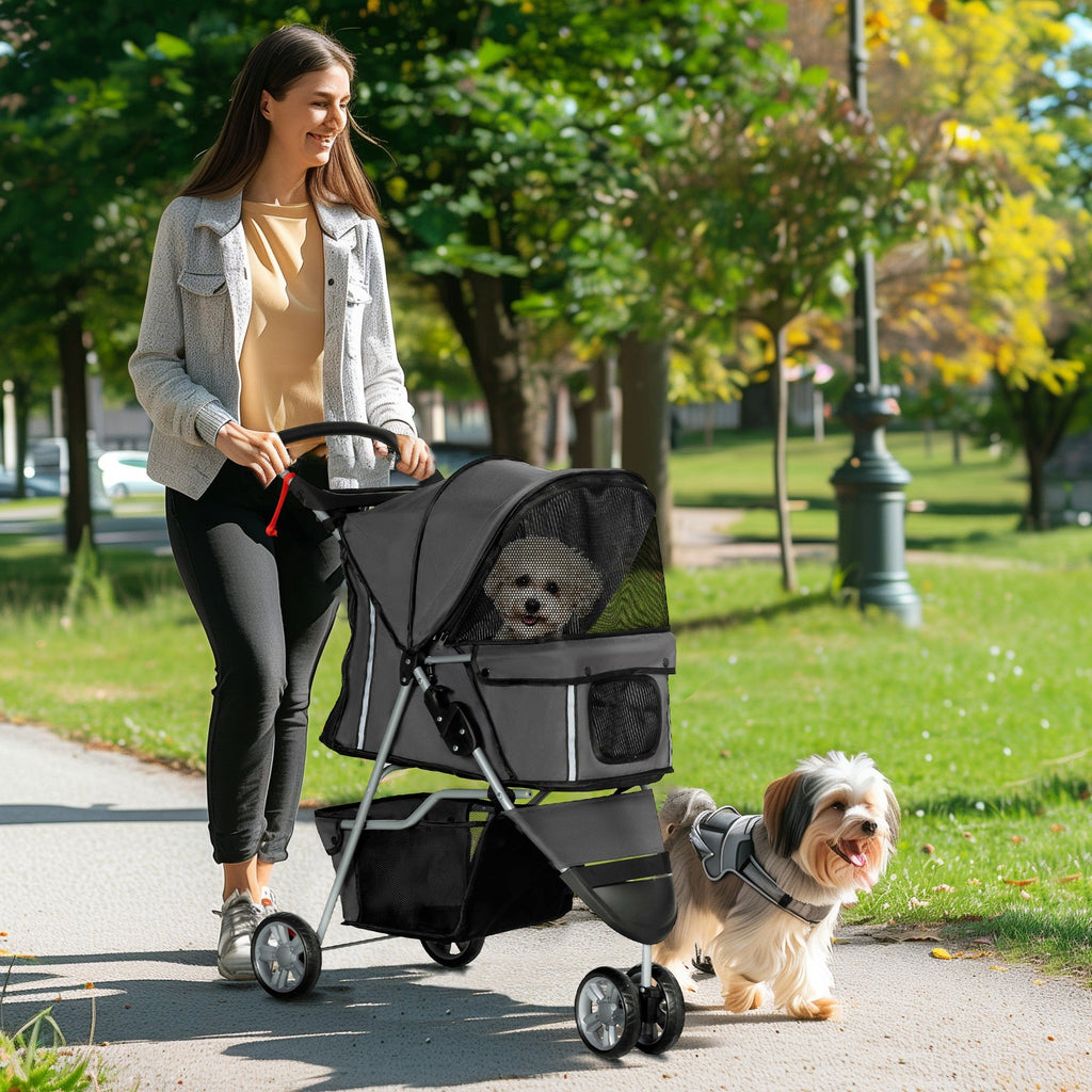 EasyComfort Passeggino per Cani Pieghevole con Portabicchieri e Cestino, in Acciaio e Poliestere, 75x45x97 cm, Grigio Carbone